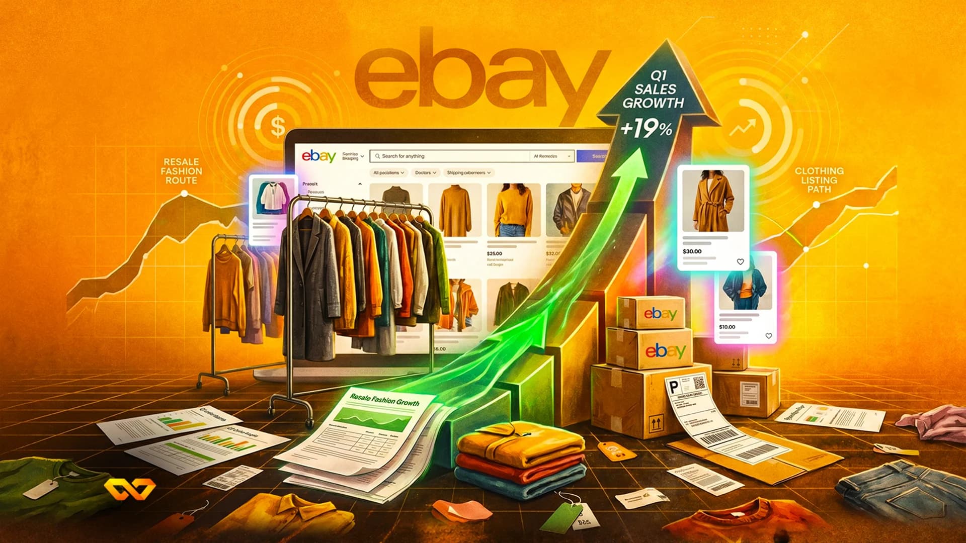 Digital illustration of eBay logo, clothing rack, shipping boxes, and a rising green arrow showing 19% sales growth.