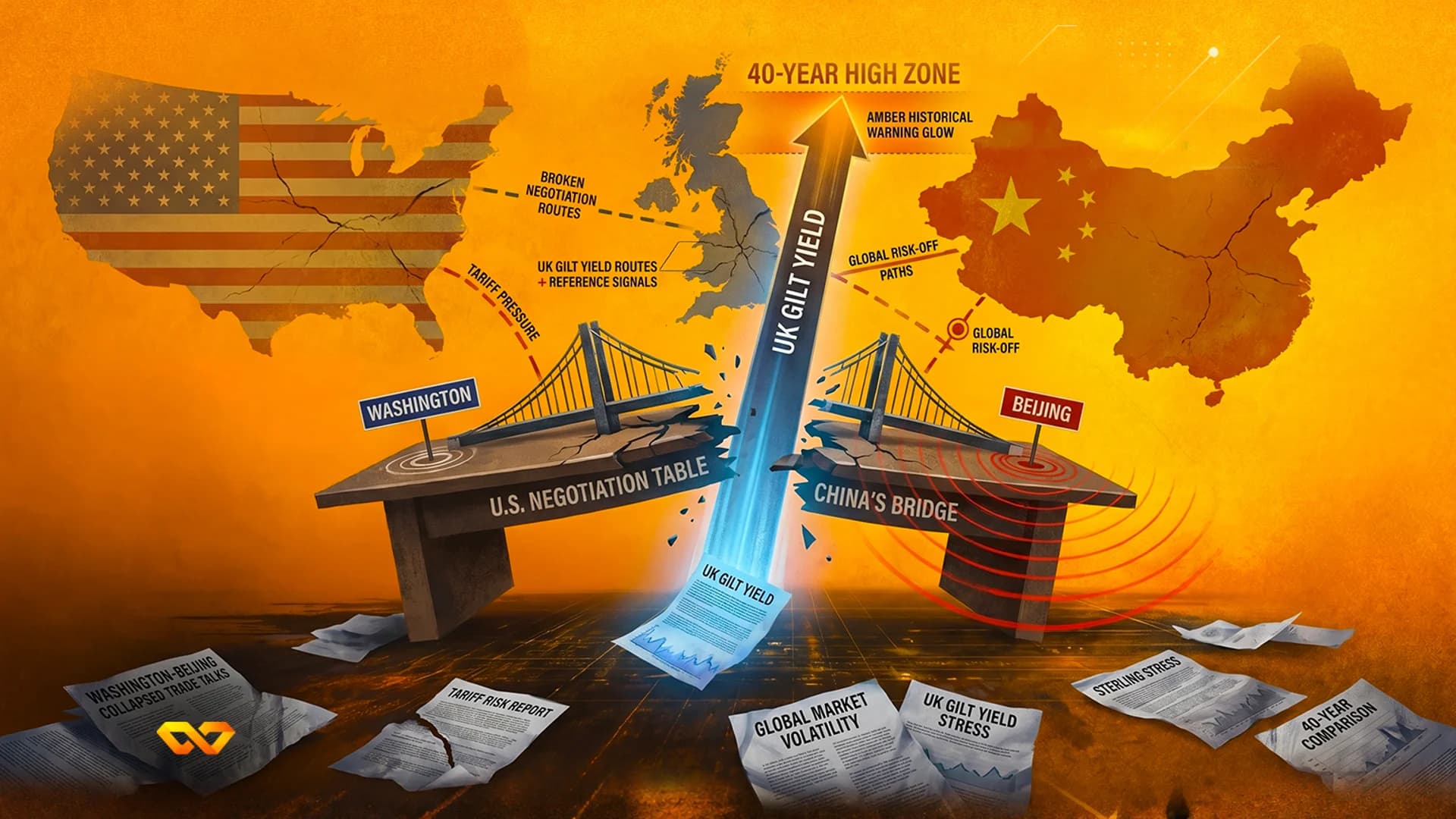 Illustration of a broken bridge between US and China maps, with a rising arrow labeled UK Gilt Yield.