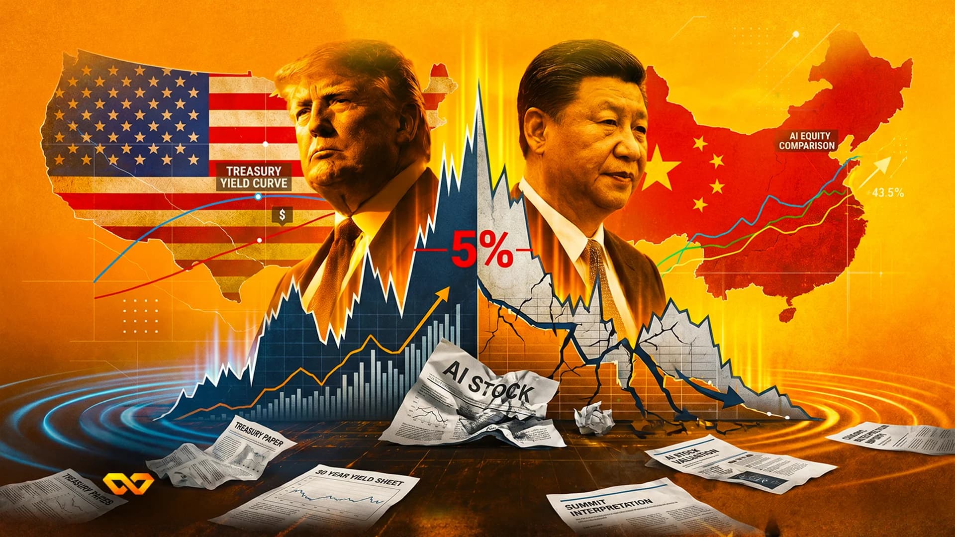 Portraits of Donald Trump and Xi Jinping over US and China flags with a crashing market chart and financial papers.