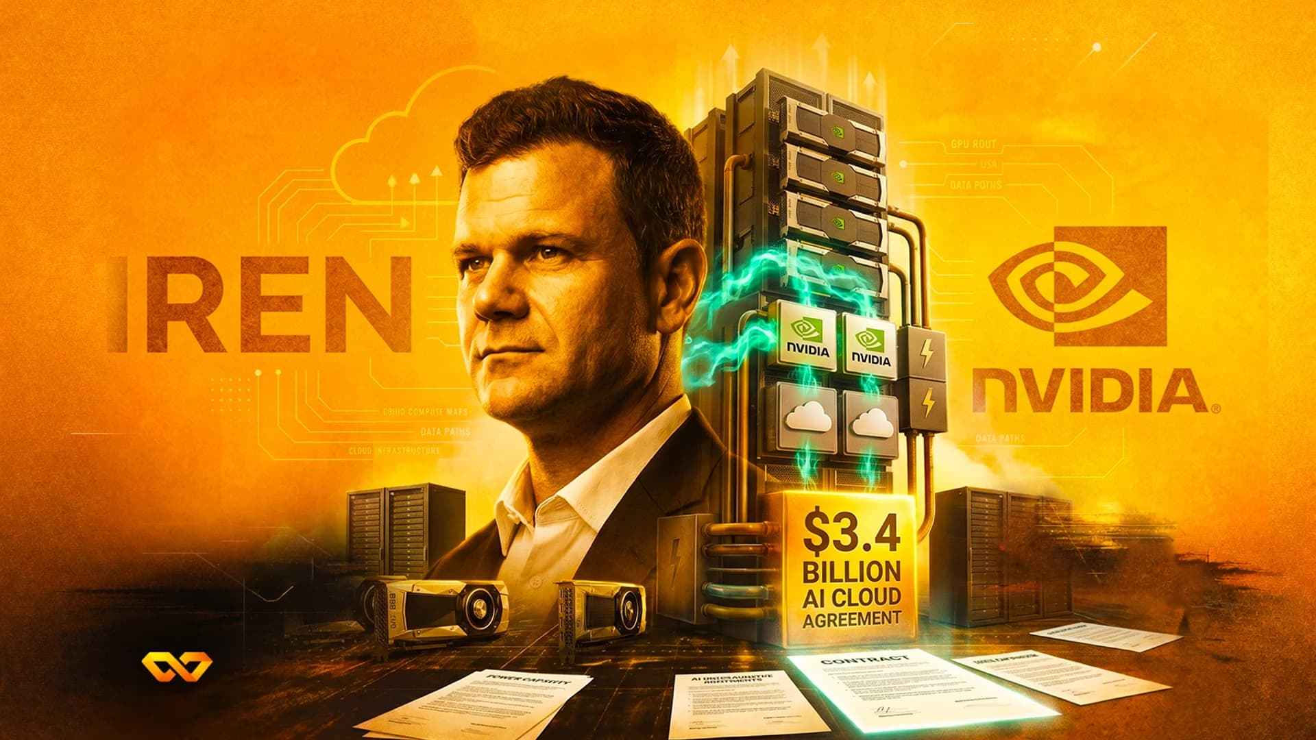 Digital illustration of a man next to server racks, NVIDIA logos, and a $3.4 billion AI cloud agreement sign.
