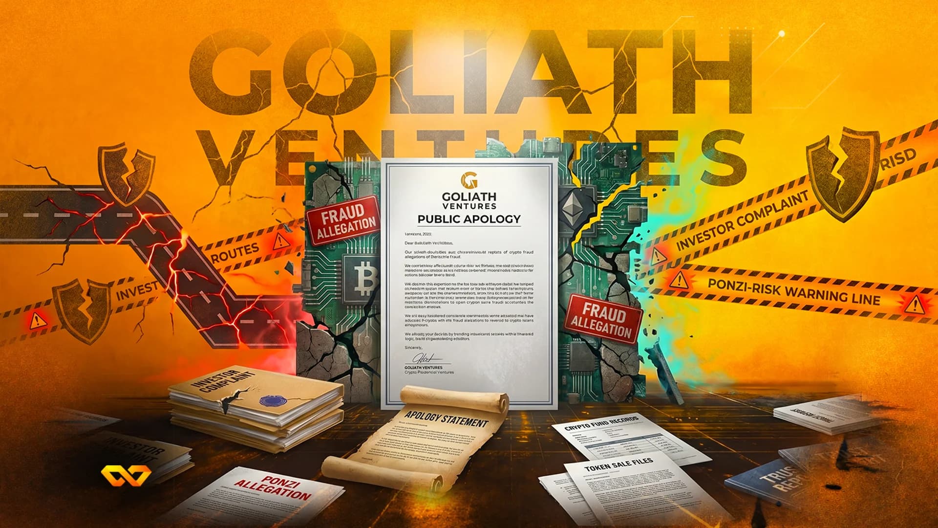 Digital illustration of a public apology document from Goliath Ventures amid fraud allegations and crypto documents.