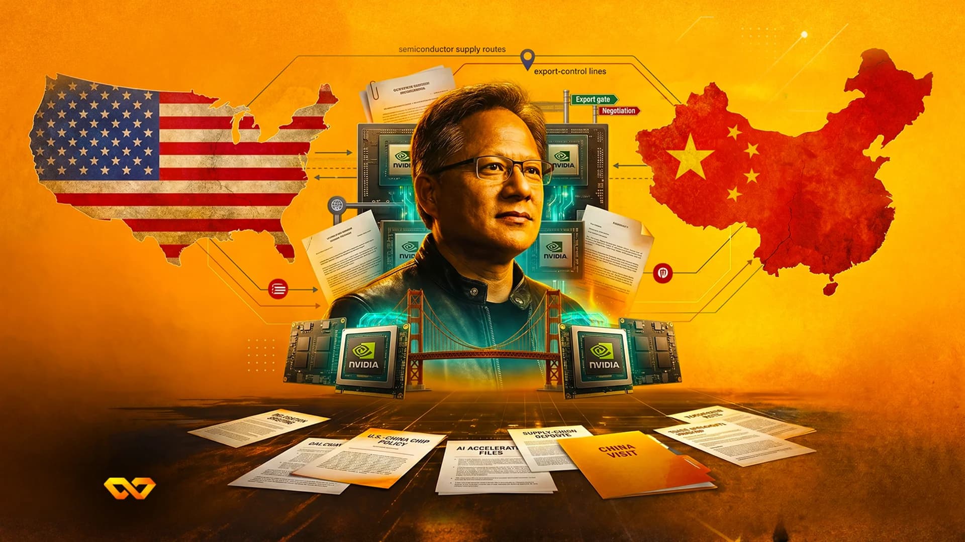 Jensen Huang between US and China flags, surrounded by NVIDIA chips and policy documents on an orange background.
