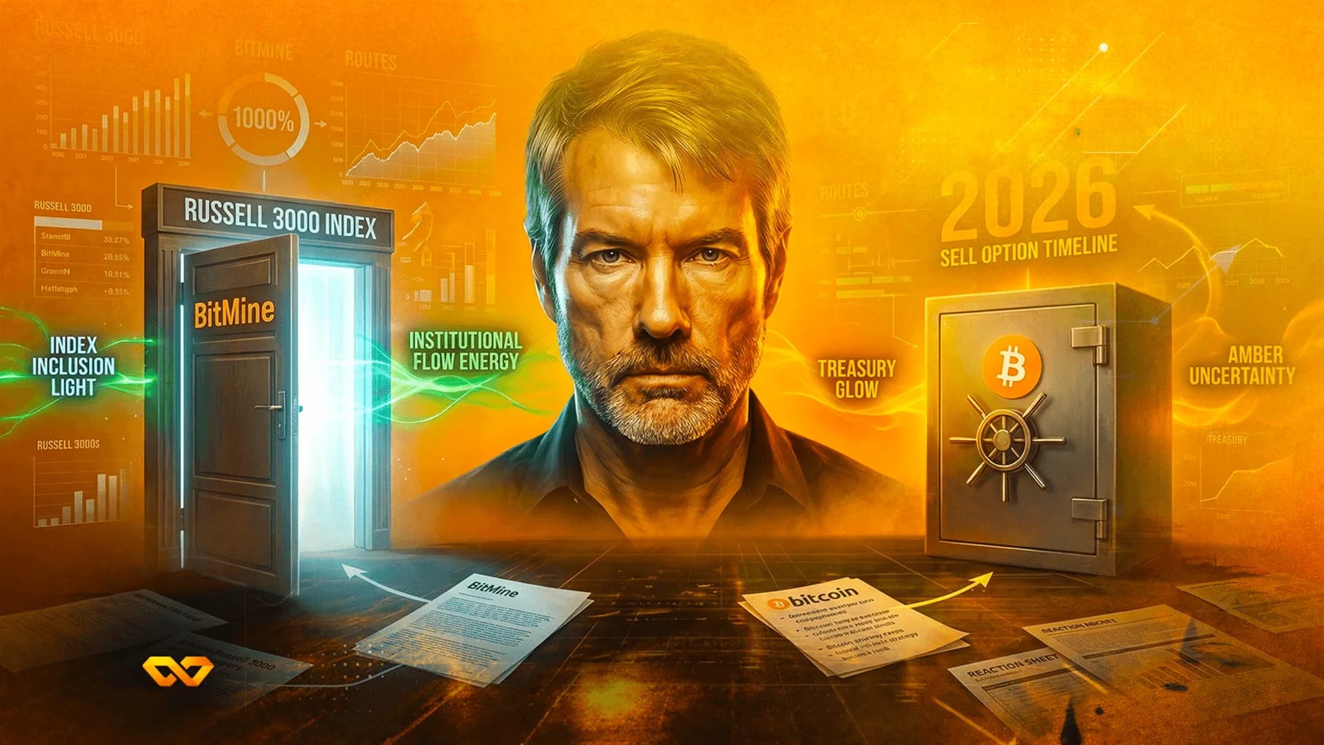 Portrait of a man with graying hair between an open door and a metal safe with a Bitcoin logo on an orange background.
