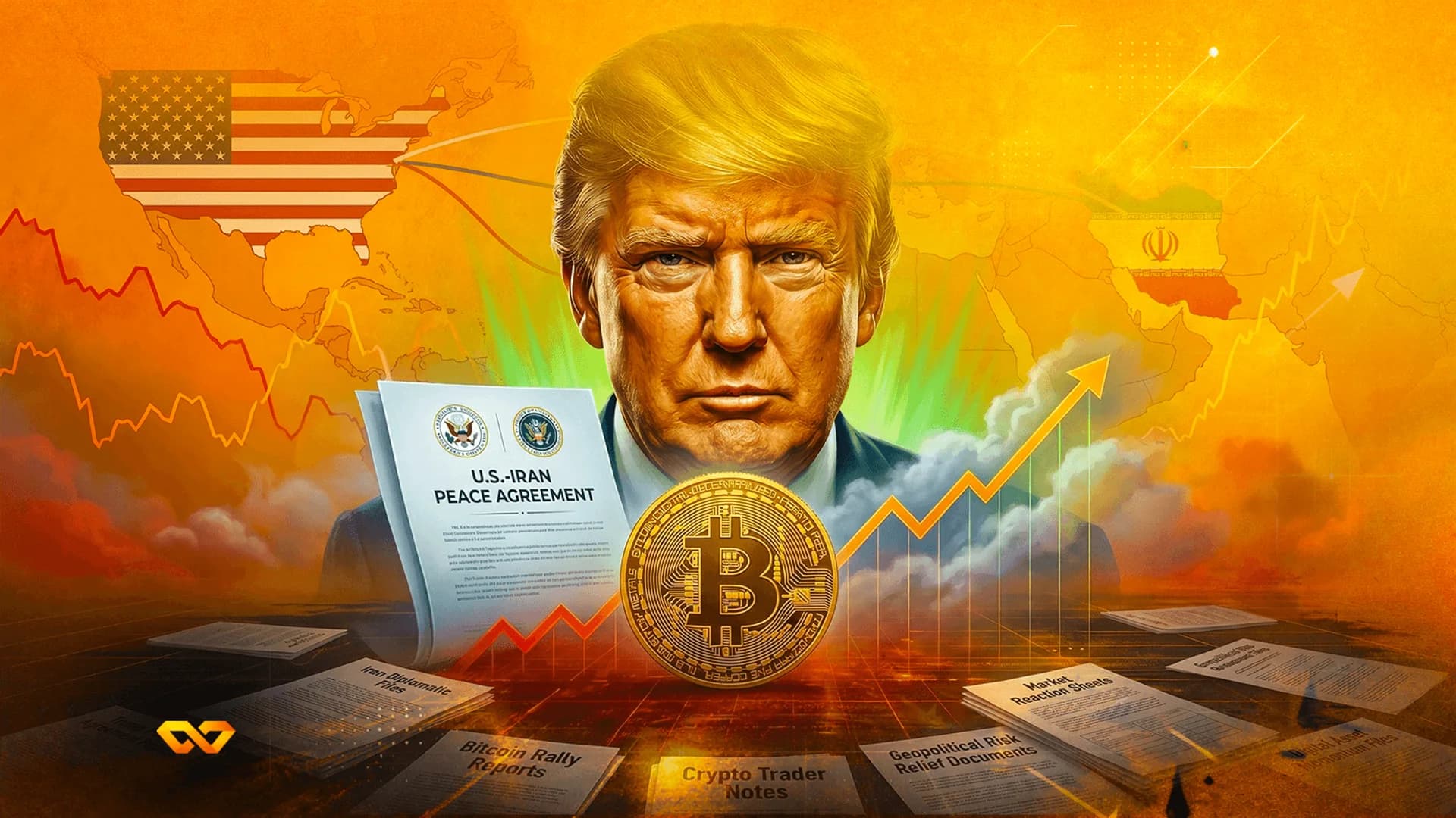 Digital illustration of Donald Trump with a Bitcoin coin, US and Iran flags, and a peace agreement document.