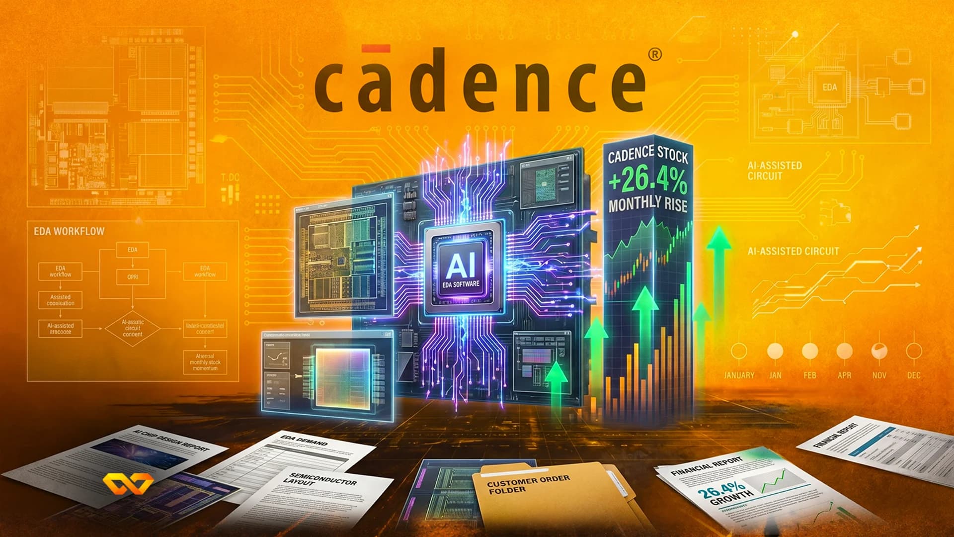 Digital illustration of Cadence logo above a glowing AI chip, stock charts showing growth, and financial documents.