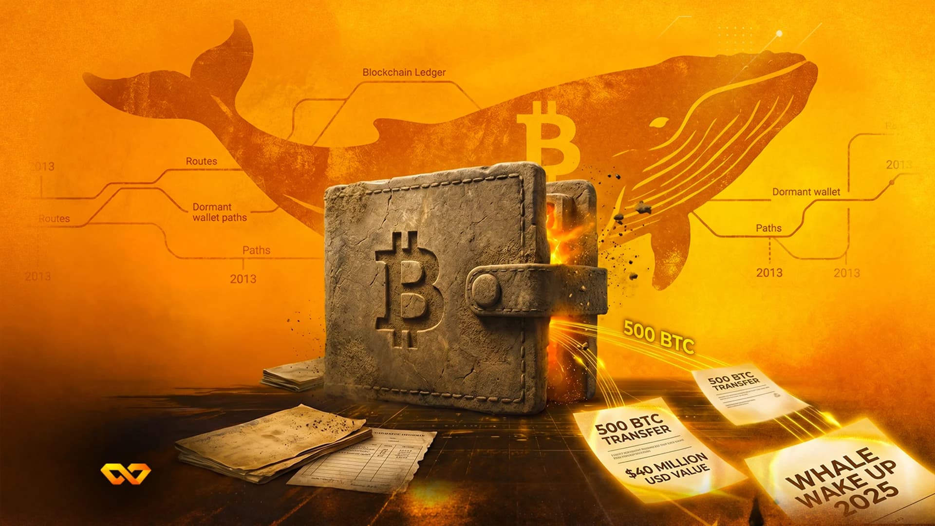 A stone wallet with a Bitcoin logo glowing orange, a whale silhouette, and flying transfer documents.