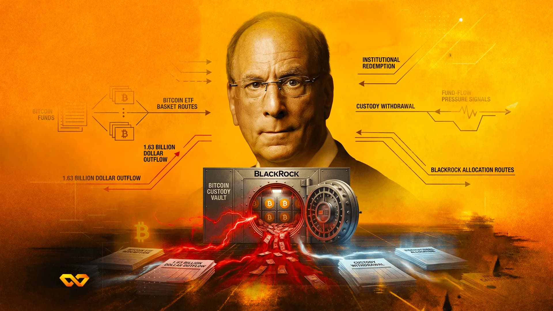 Portrait of Larry Fink above a BlackRock vault containing Bitcoin coins, with flow charts and text on orange.