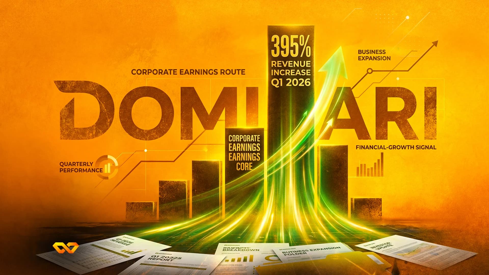A glowing green arrow rises from a bar chart on an orange background, with financial reports scattered in front.