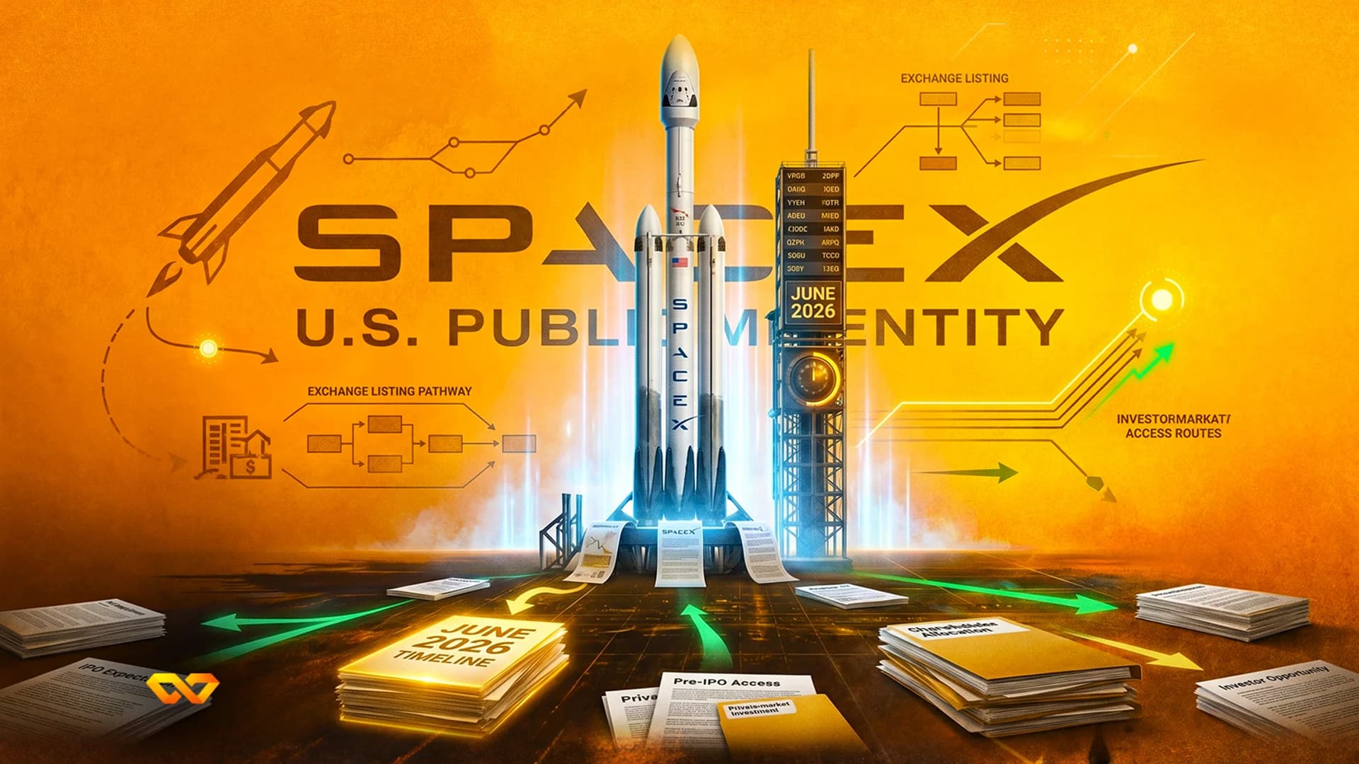 SpaceX rocket on a launchpad surrounded by financial charts and documents labeled with a June 2026 IPO timeline.