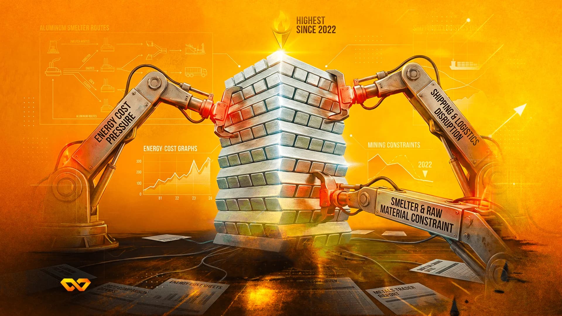 Robotic arms surround a stack of silver-colored metal ingots on an orange background with technical charts and text.