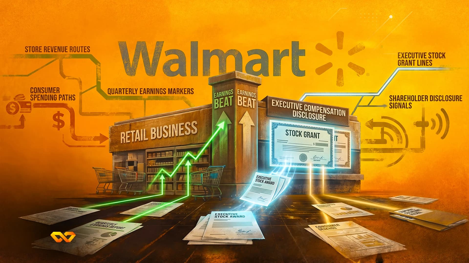 Illustration of a Walmart retail building with upward green arrows, stock grant documents, and financial labels.