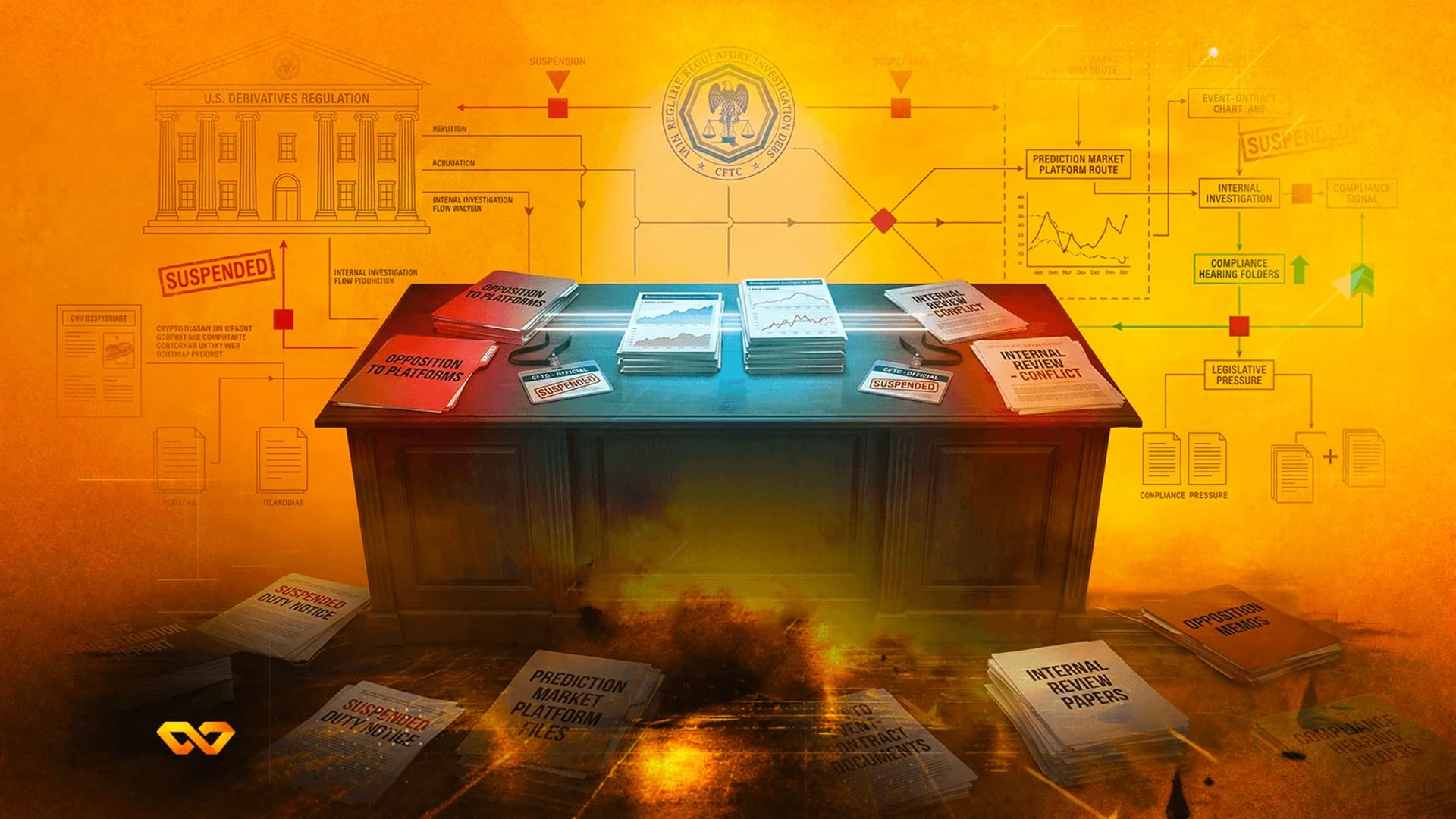Digital illustration of a desk covered in regulatory documents and folders labeled 'Suspended' and 'Internal Review'.