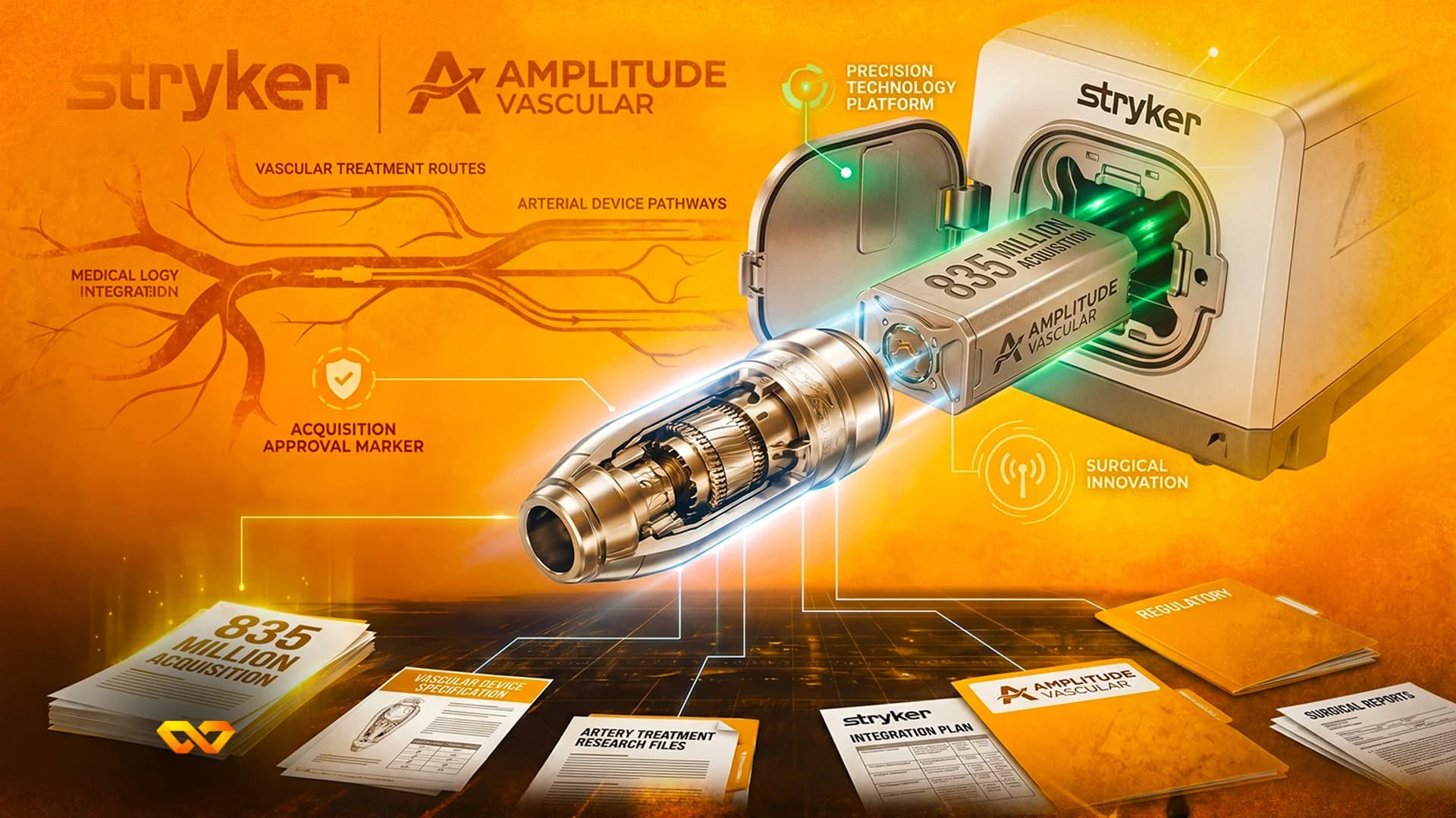 Digital illustration of a Stryker machine receiving an Amplitude Vascular component, with acquisition documents below.