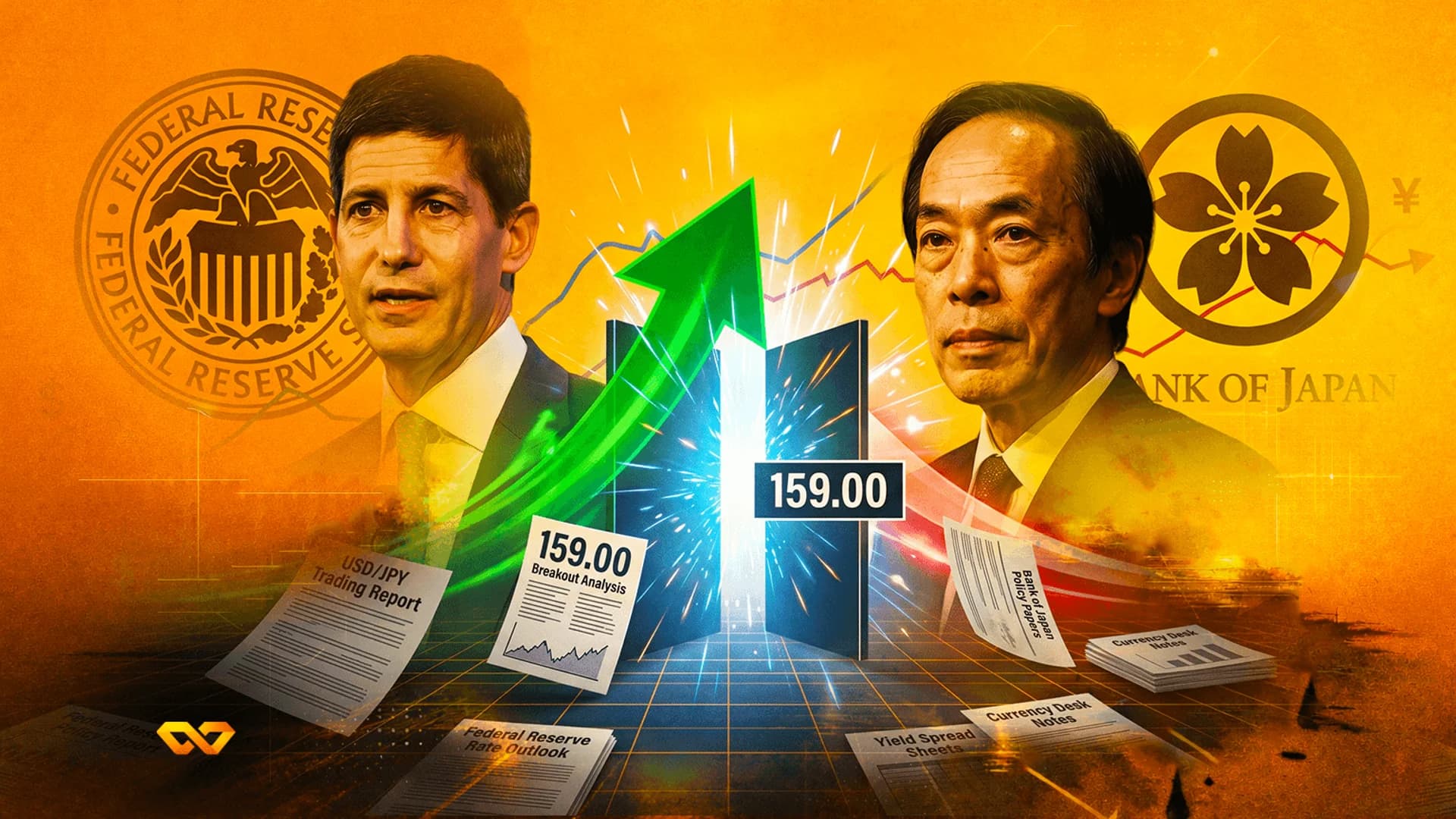 Portraits of Fed and BoJ officials with a rising green arrow and 159.00 exchange rate display on an orange background.