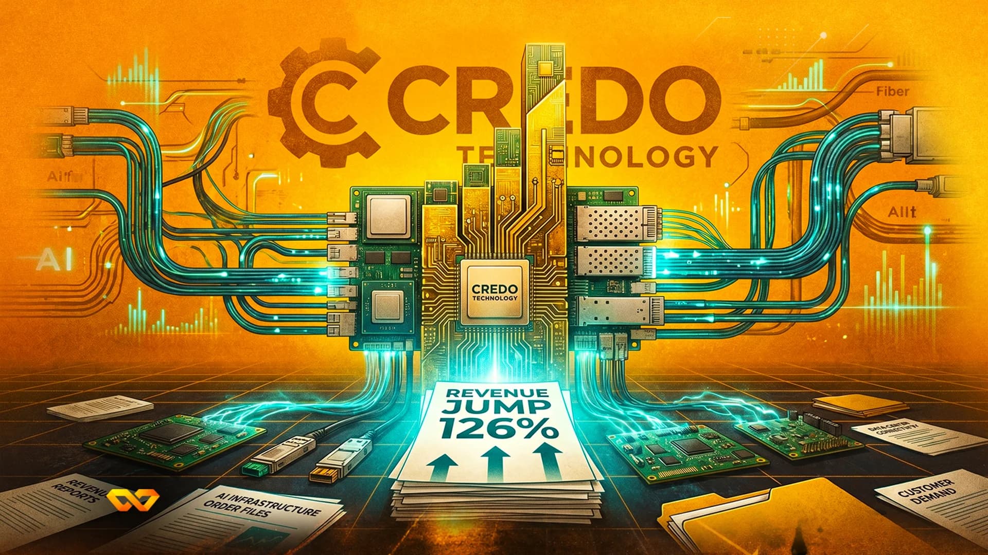 Digital illustration of a Credo Technology circuit board with teal cables and a paper showing a 126% revenue jump.