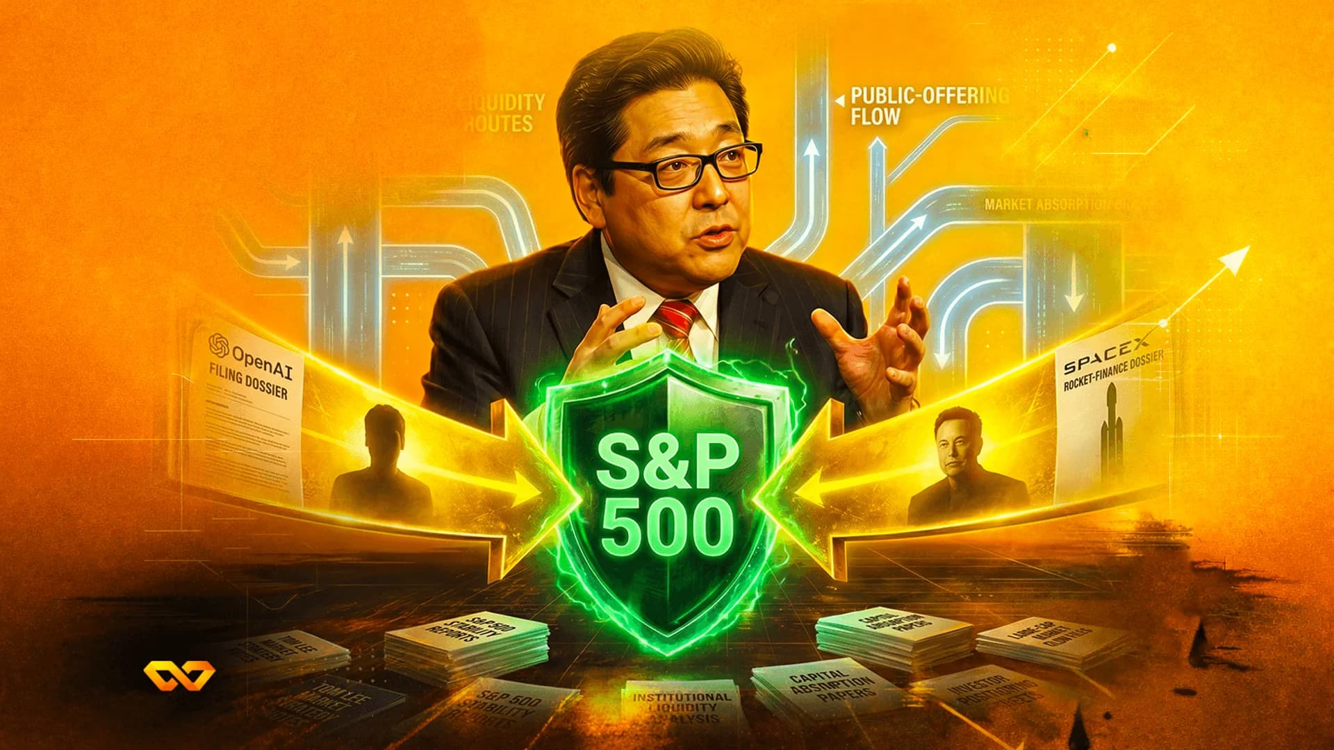 Man in suit gesturing behind a glowing green S&P 500 shield with OpenAI and SpaceX dossiers on either side.