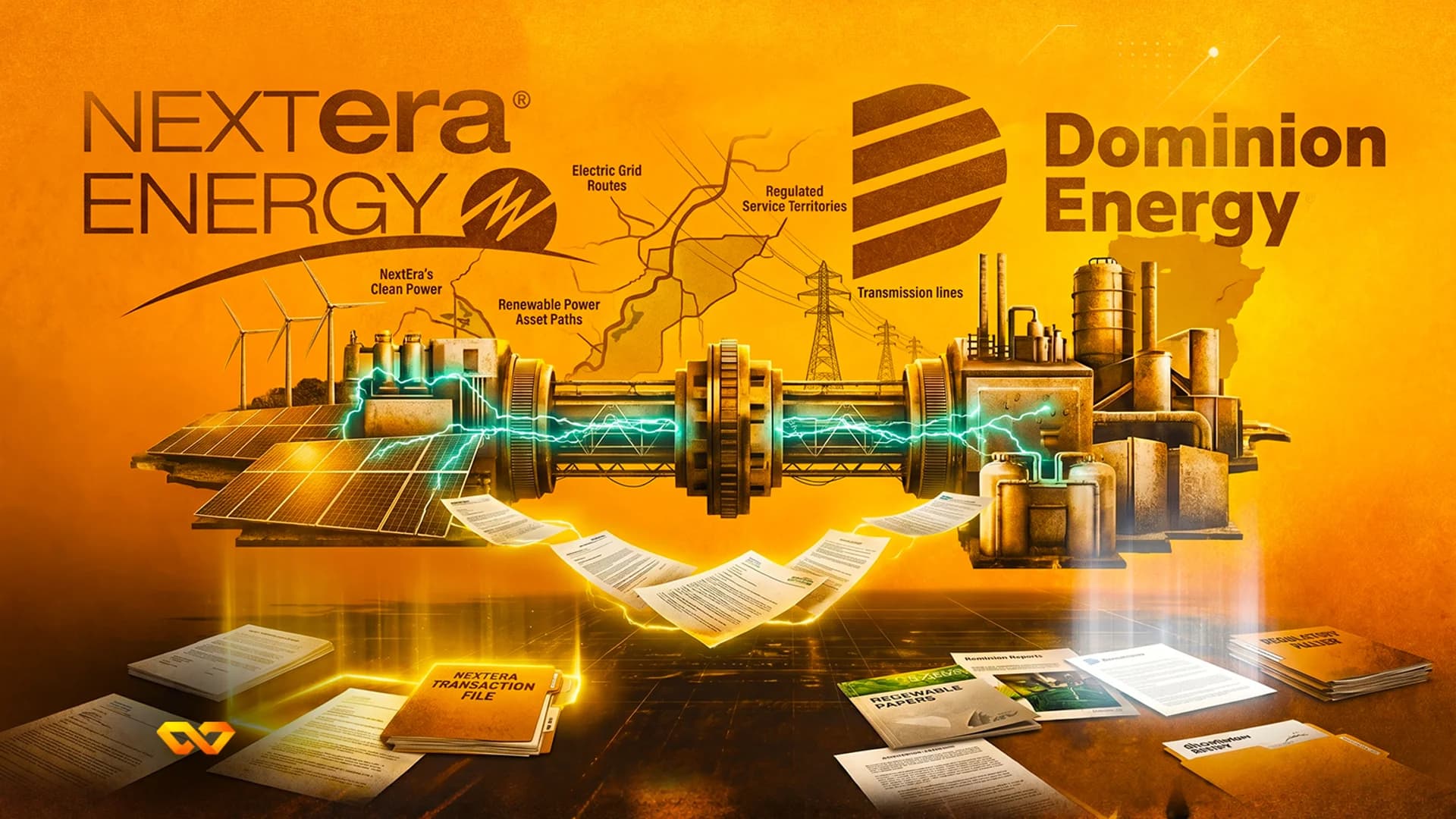 Illustration of NextEra and Dominion Energy logos, industrial power facilities, and scattered transaction documents.