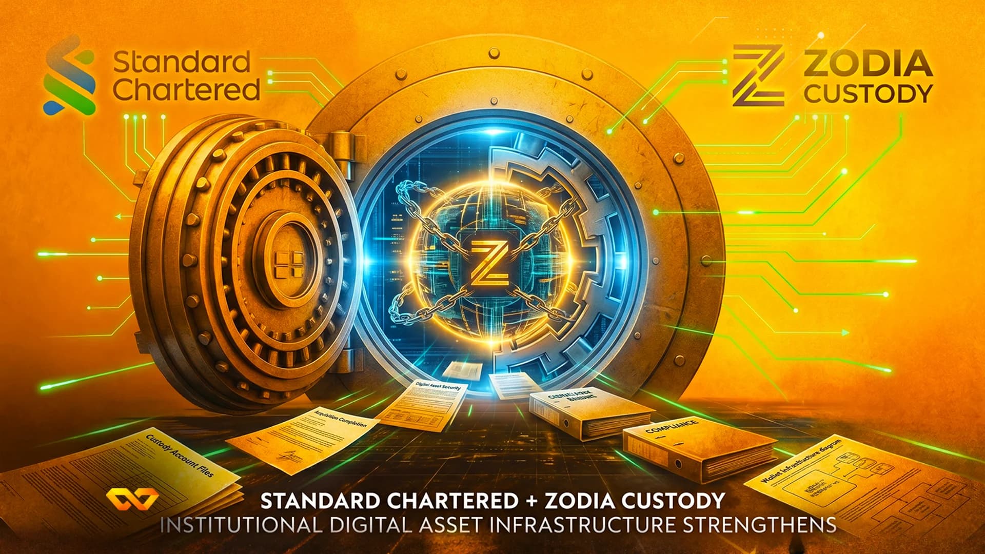 An open bank vault door reveals a glowing digital globe with a Z logo, surrounded by documents and corporate logos.