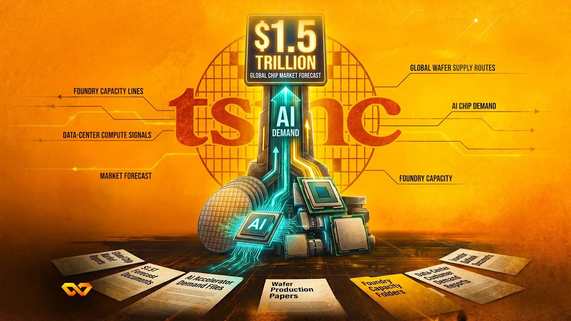 Digital illustration of a $1.5 trillion chip market forecast with TSMC logo, AI chips, and semiconductor wafers.