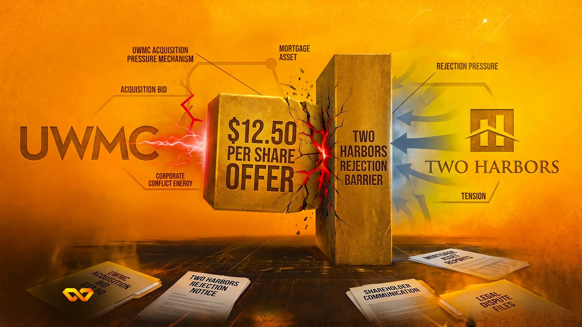 Conceptual illustration of a UWMC $12.50 share offer block hitting a Two Harbors rejection barrier amidst smoke.