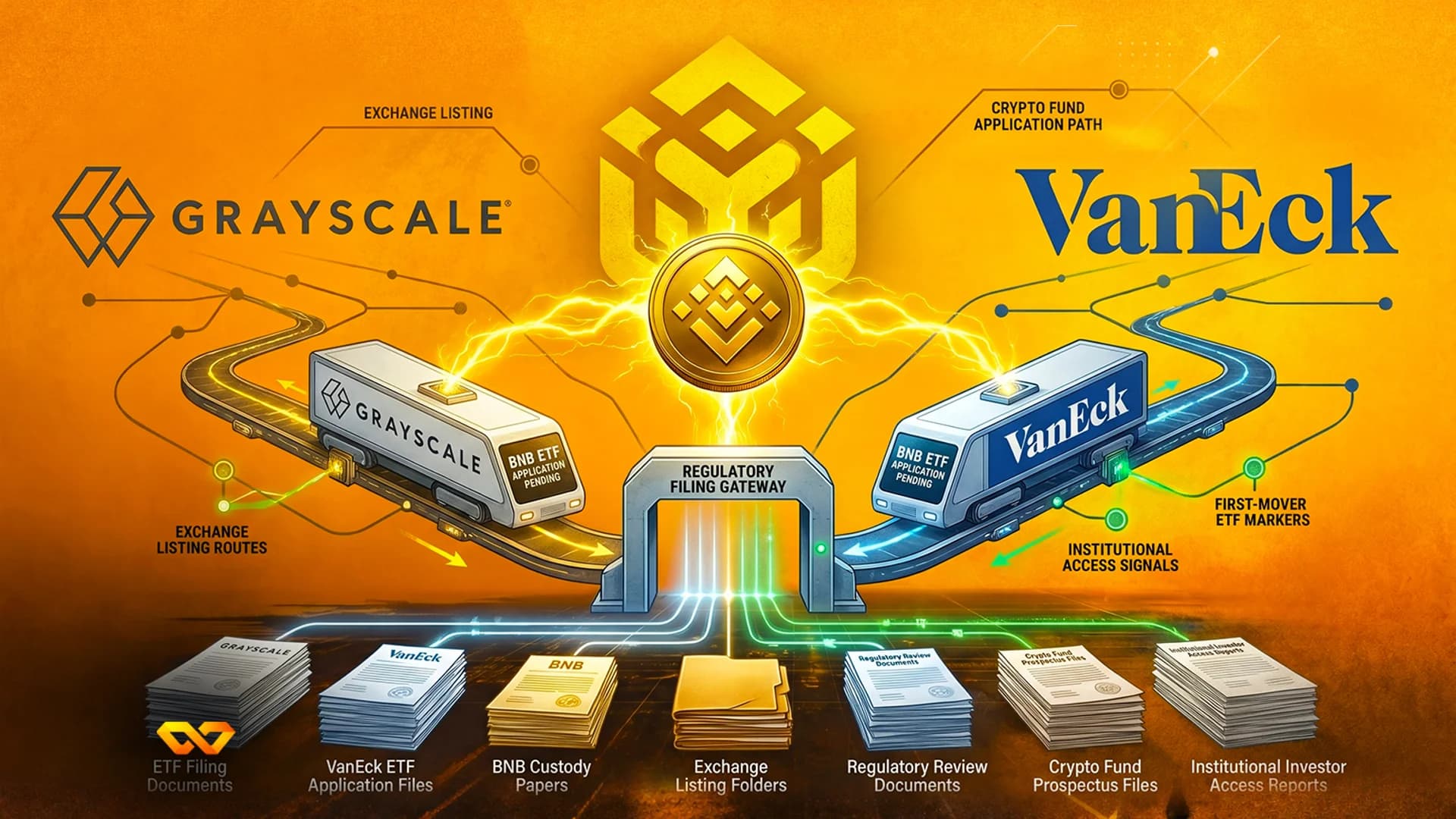 Illustration of Grayscale and VanEck vehicles on tracks heading towards a regulatory gateway with a BNB coin above.