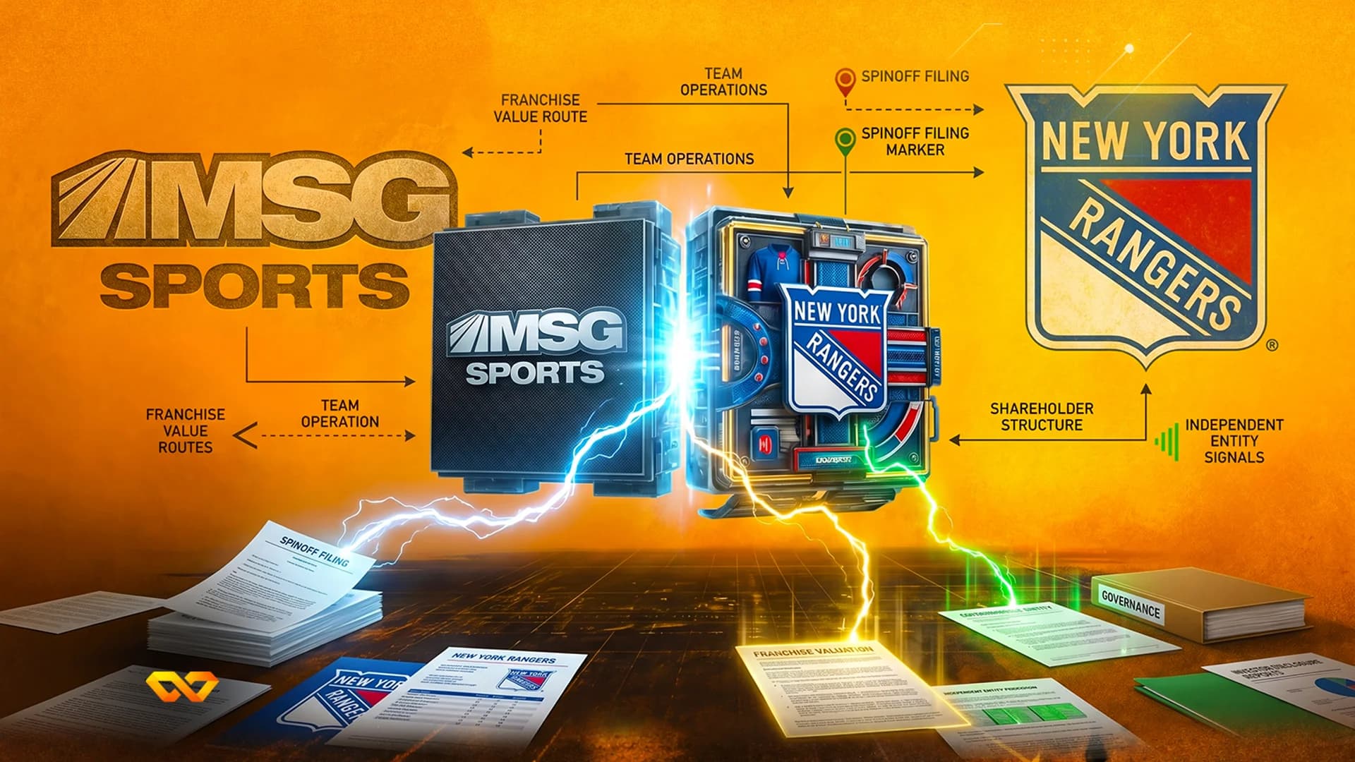 Graphic showing MSG Sports and New York Rangers logos with documents labeled spinoff filing and franchise valuation.