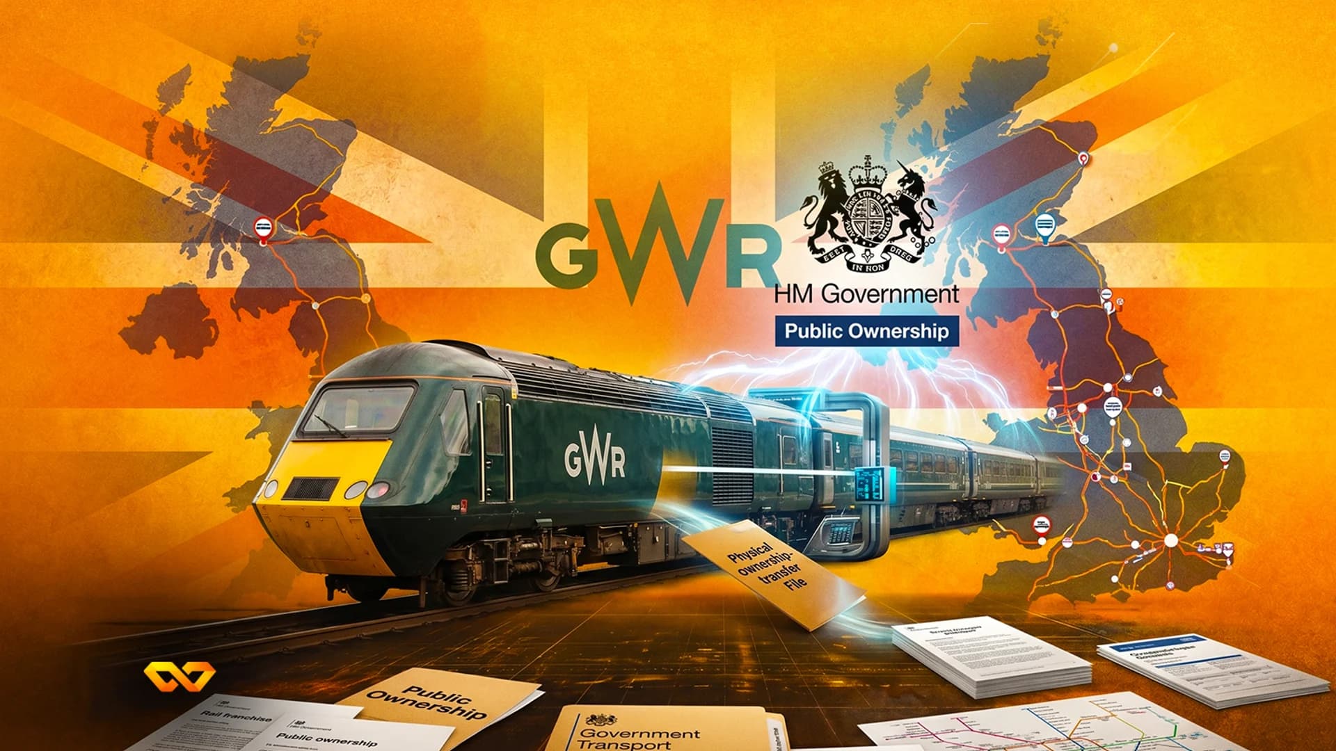Digital illustration of a green GWR train, UK map, Union Jack, and government documents about rail public ownership.