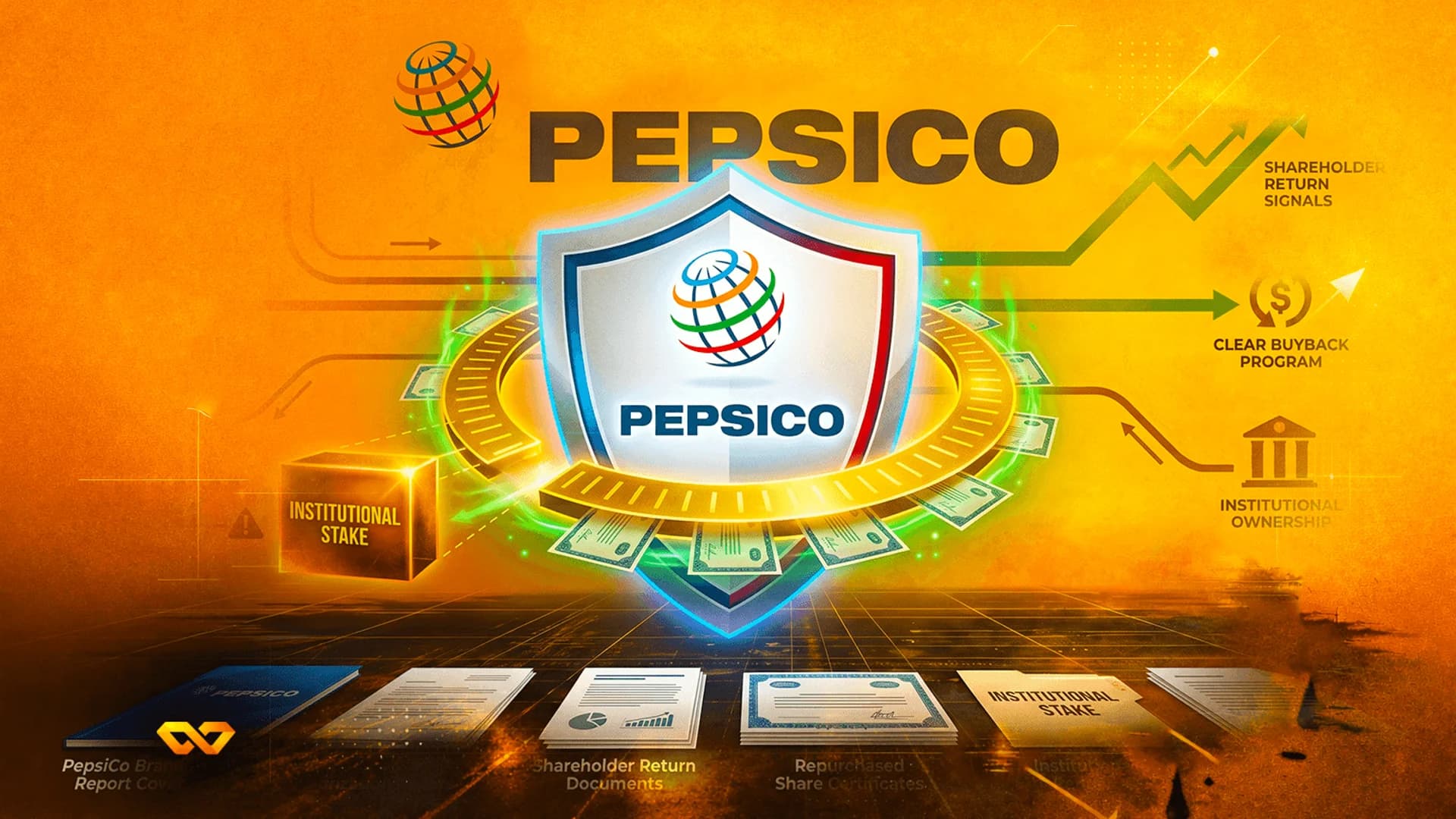 PepsiCo logo on a shield surrounded by financial icons like buyback arrows and institutional stake documents.