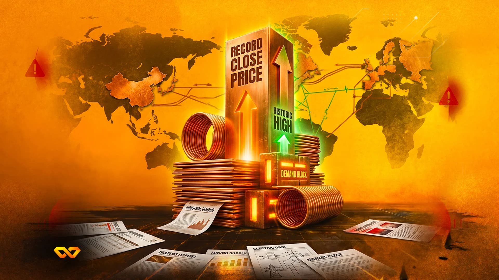 لفائف وصفائح نحاسية مكدسة حول عمود مكتوب عليه 'سعر إغلاق قياسي' على خلفية خريطة العالم.