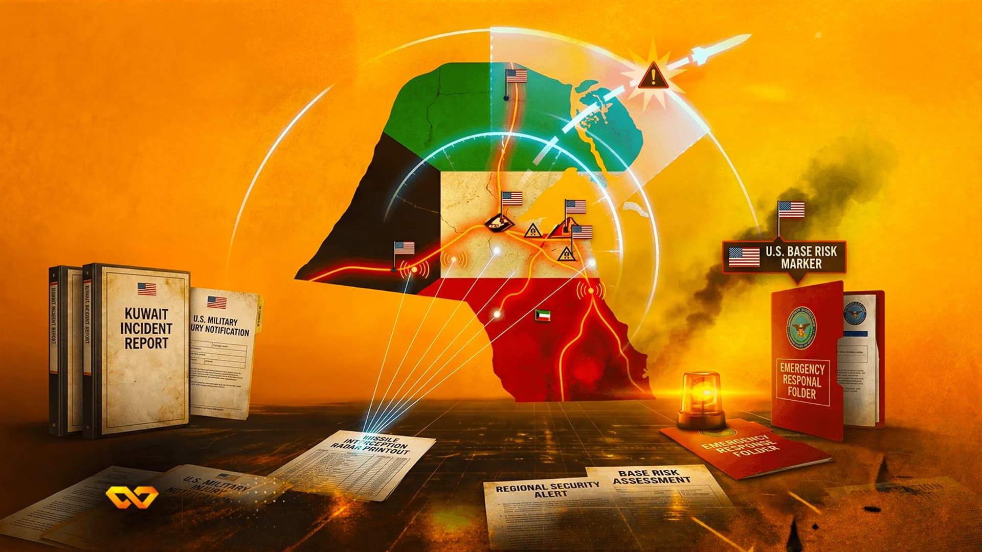 Illustration of a Kuwait map with U.S. military markers, radar graphics, and security incident reports on a desk.