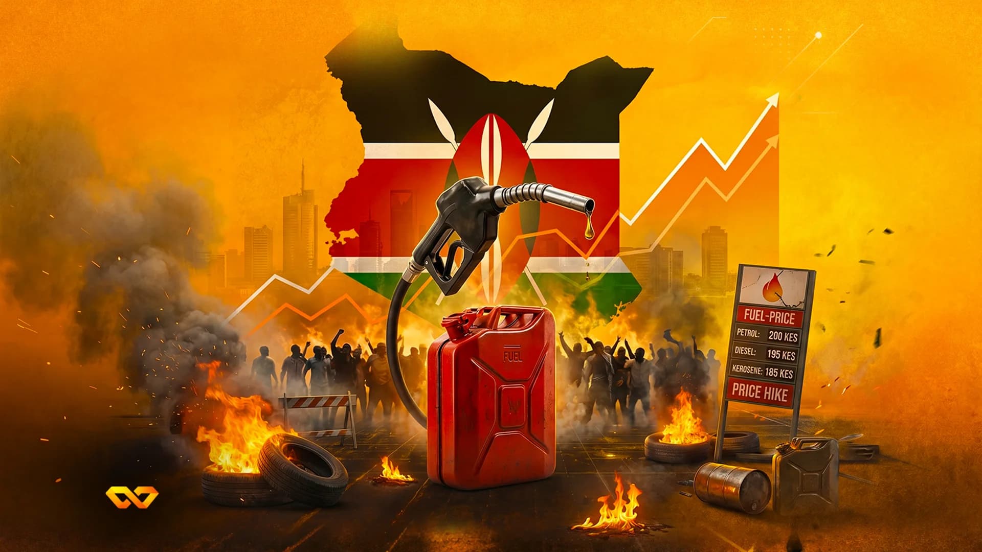 Fuel pump nozzle and red canister over a map of Kenya with a rising line graph and silhouettes of protesters.