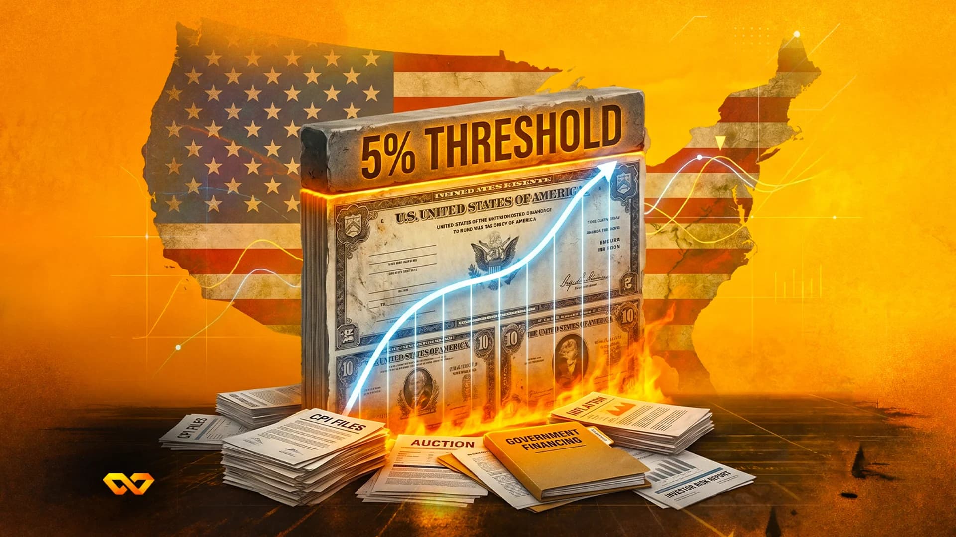 A block labeled 5% THRESHOLD atop US Treasury bonds with a rising line chart, set against a US flag map and fire.