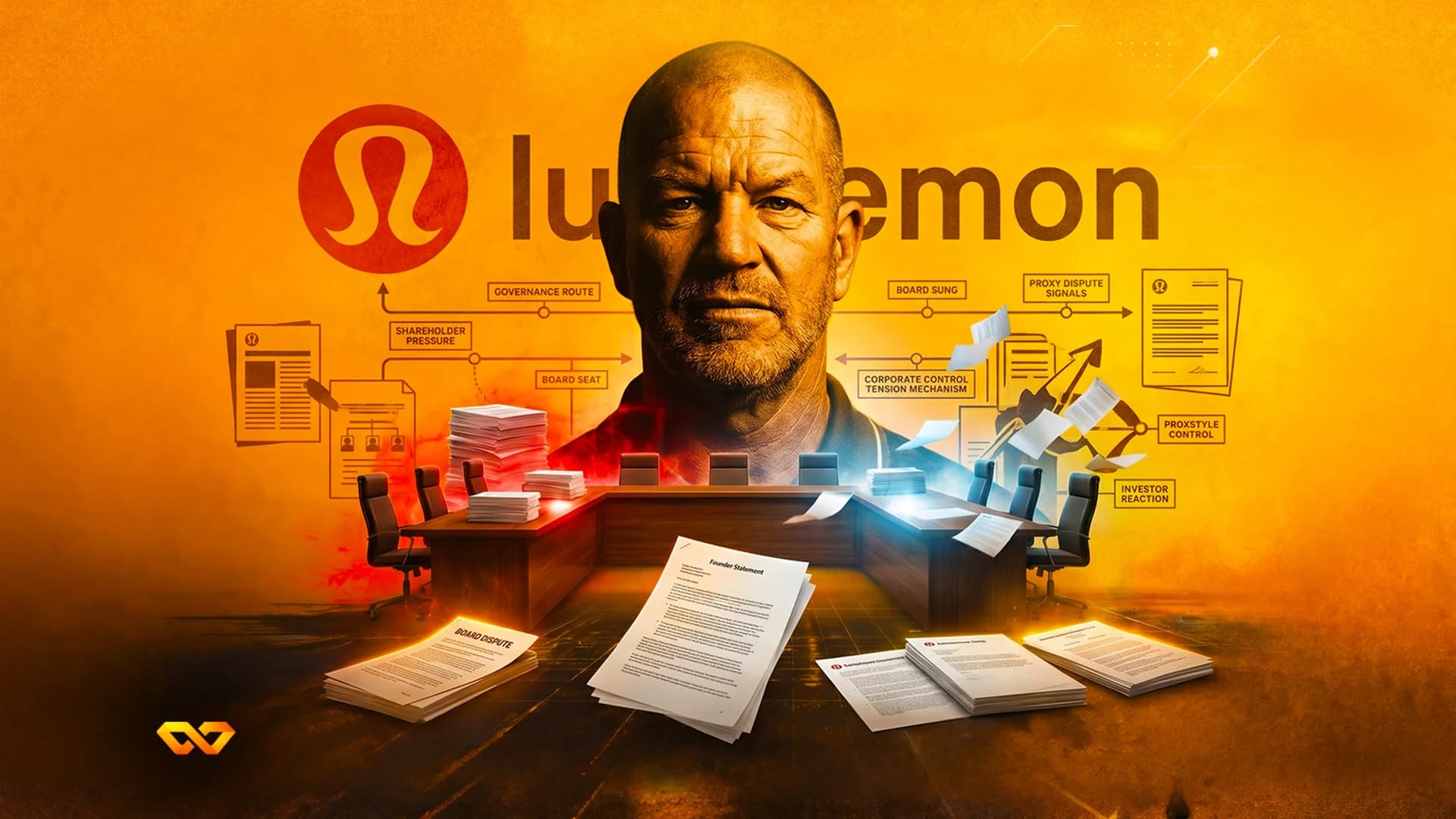 Portrait of a man over a Lululemon logo and a boardroom table with scattered documents on an orange background.