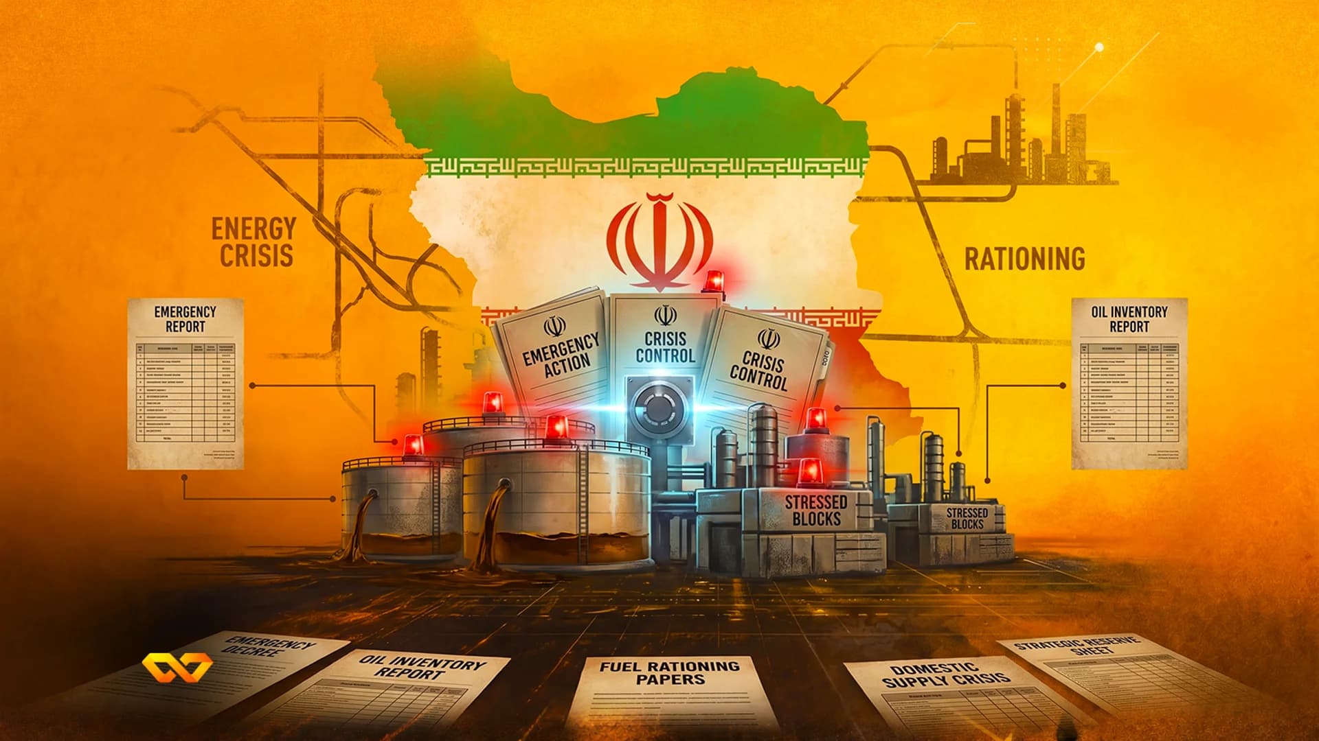 Graphic showing a map of Iran with its flag, leaking oil tanks, and papers labeled emergency report and fuel rationing.