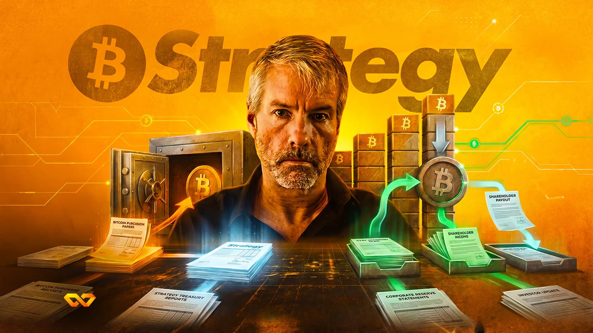 Digital illustration of Michael Saylor surrounded by Bitcoin logos, financial reports, and a safe on an orange backdrop.