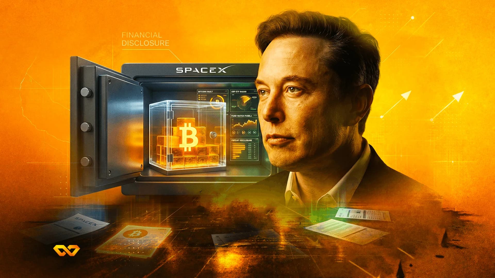 Portrait of Elon Musk next to a SpaceX safe containing gold bars with a Bitcoin logo.