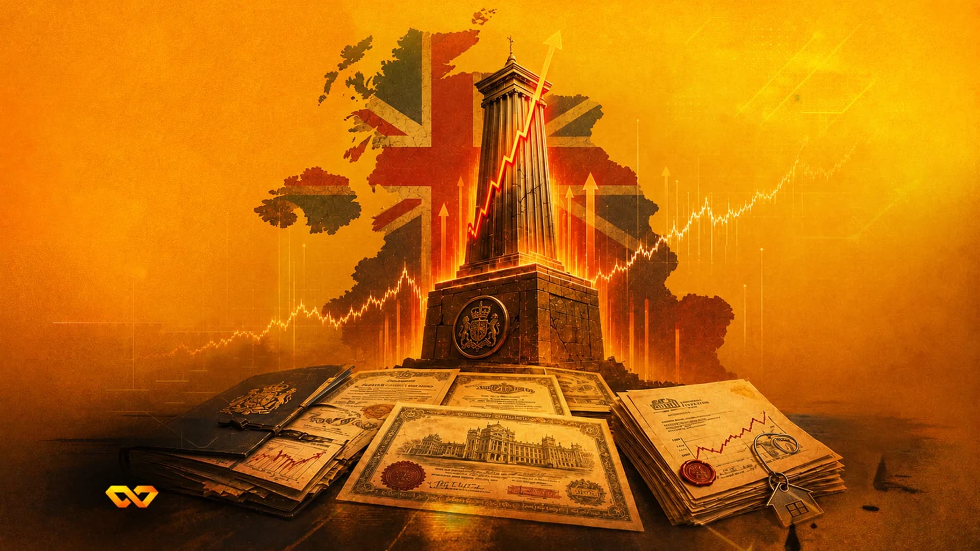A monument with a rising red line chart in front of a UK map and flag, surrounded by financial documents.