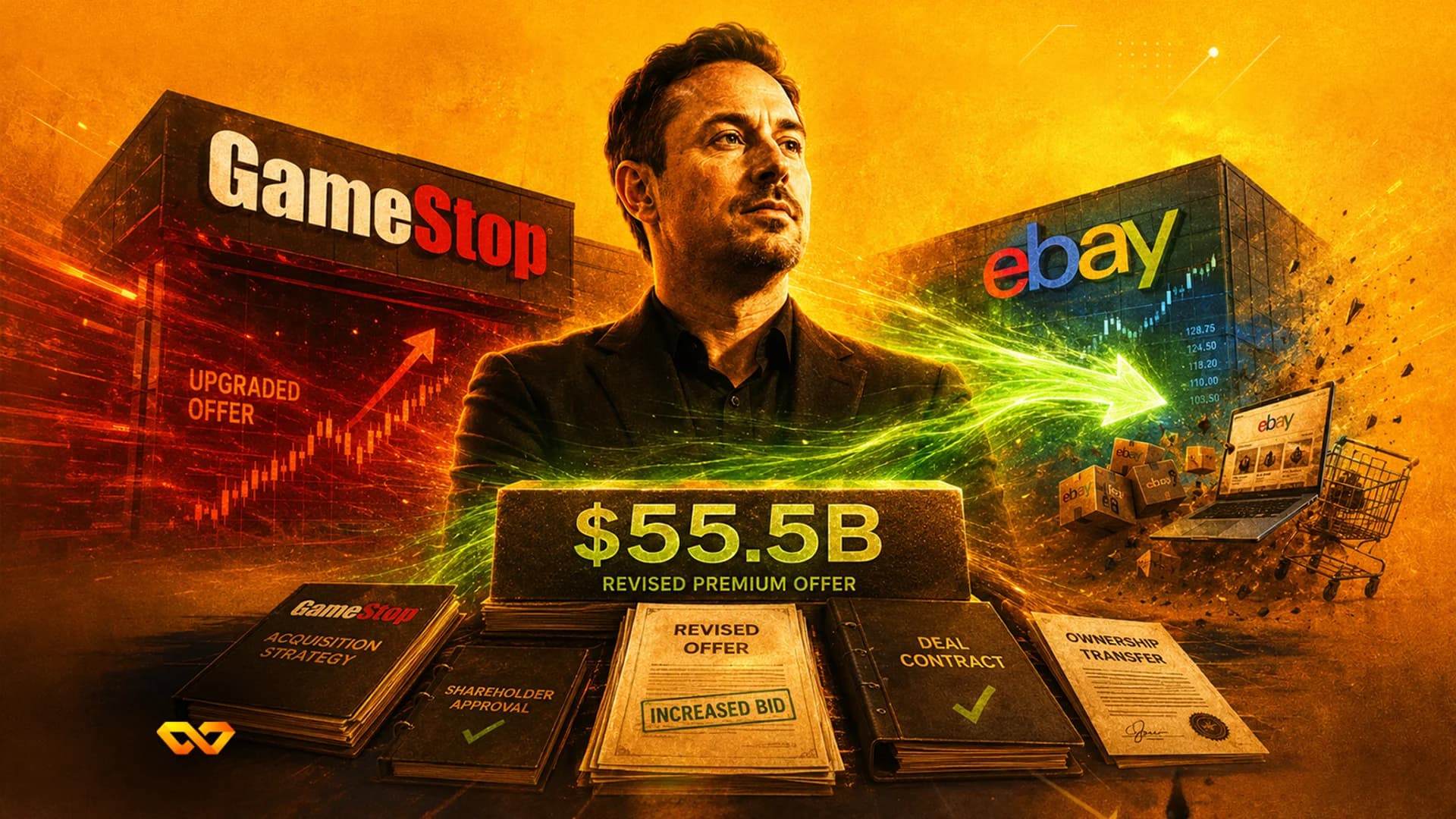 eBay logo on a cube with a $55.5B acquisition bid from GameStop, a gavel, and stacks of cash on an orange background.