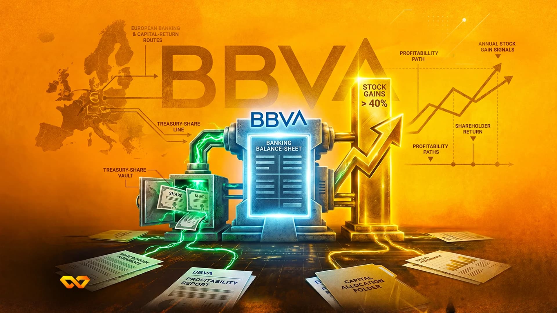 Conceptual illustration of BBVA banking machinery with balance sheets, stock gain charts, and a map of Europe.