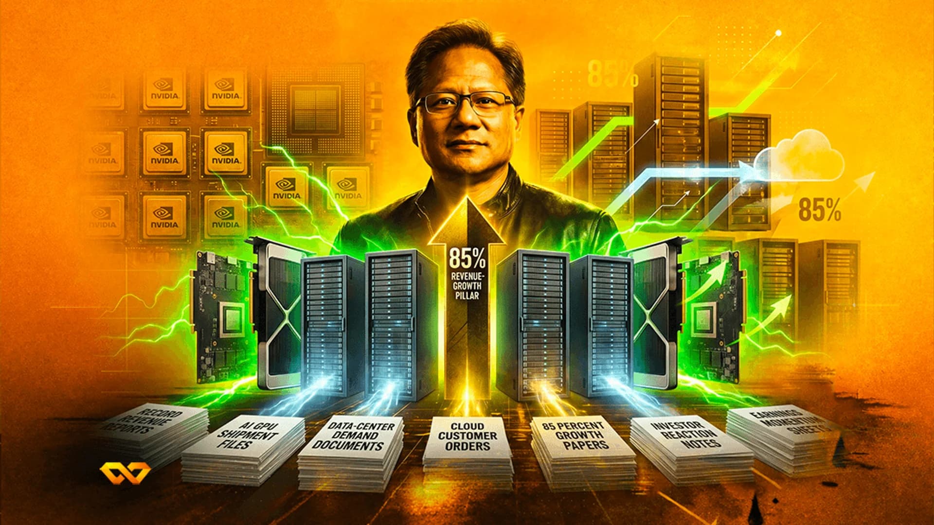 Portrait of Jensen Huang with NVIDIA chips, server racks, and stacks of financial documents on an orange background.
