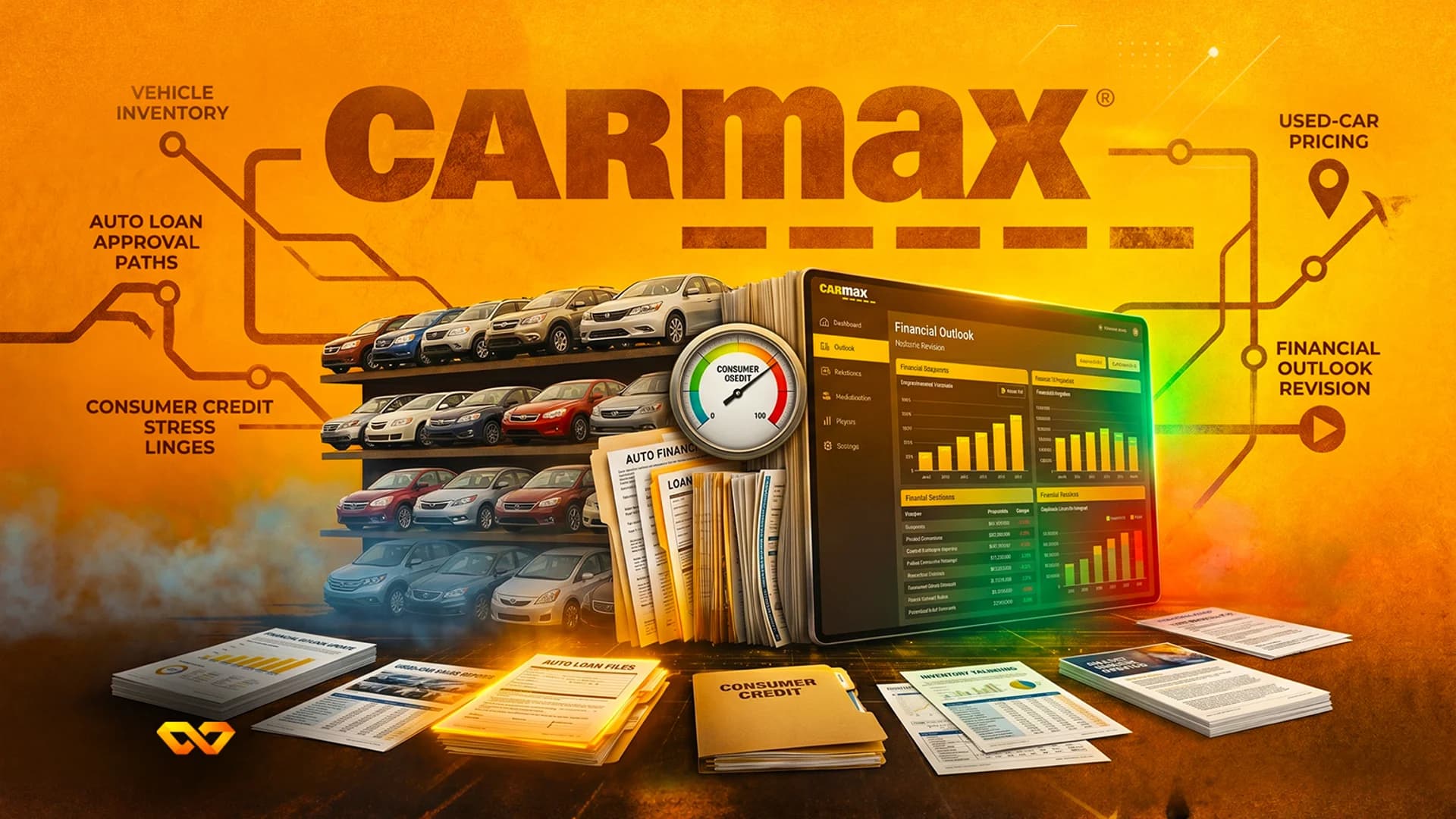 CarMax logo above a stack of cars, a financial dashboard, and folders labeled consumer credit on a yellow background.