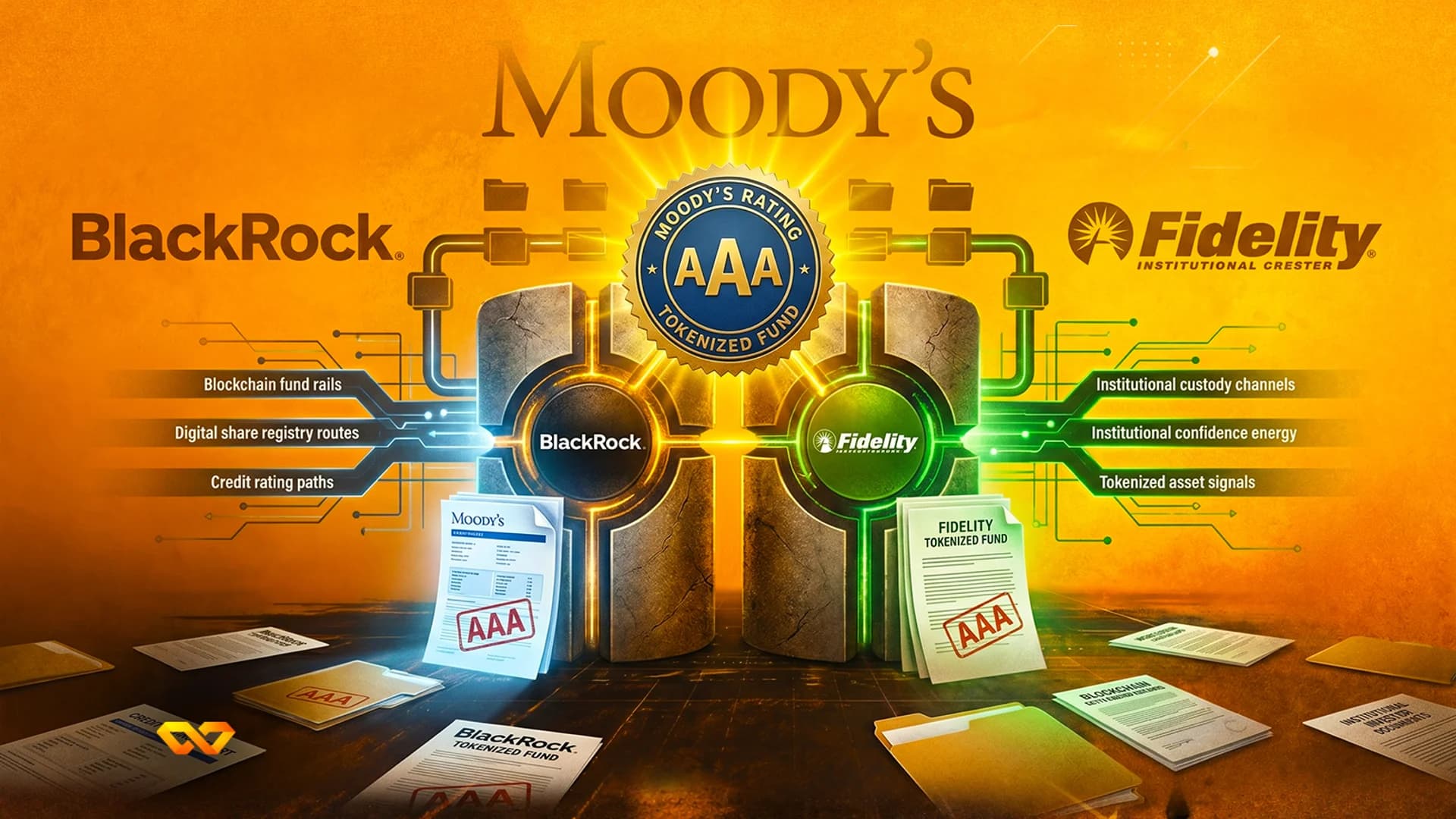 Digital illustration featuring BlackRock and Fidelity logos, a Moody's AAA rating badge, and tokenized fund documents.