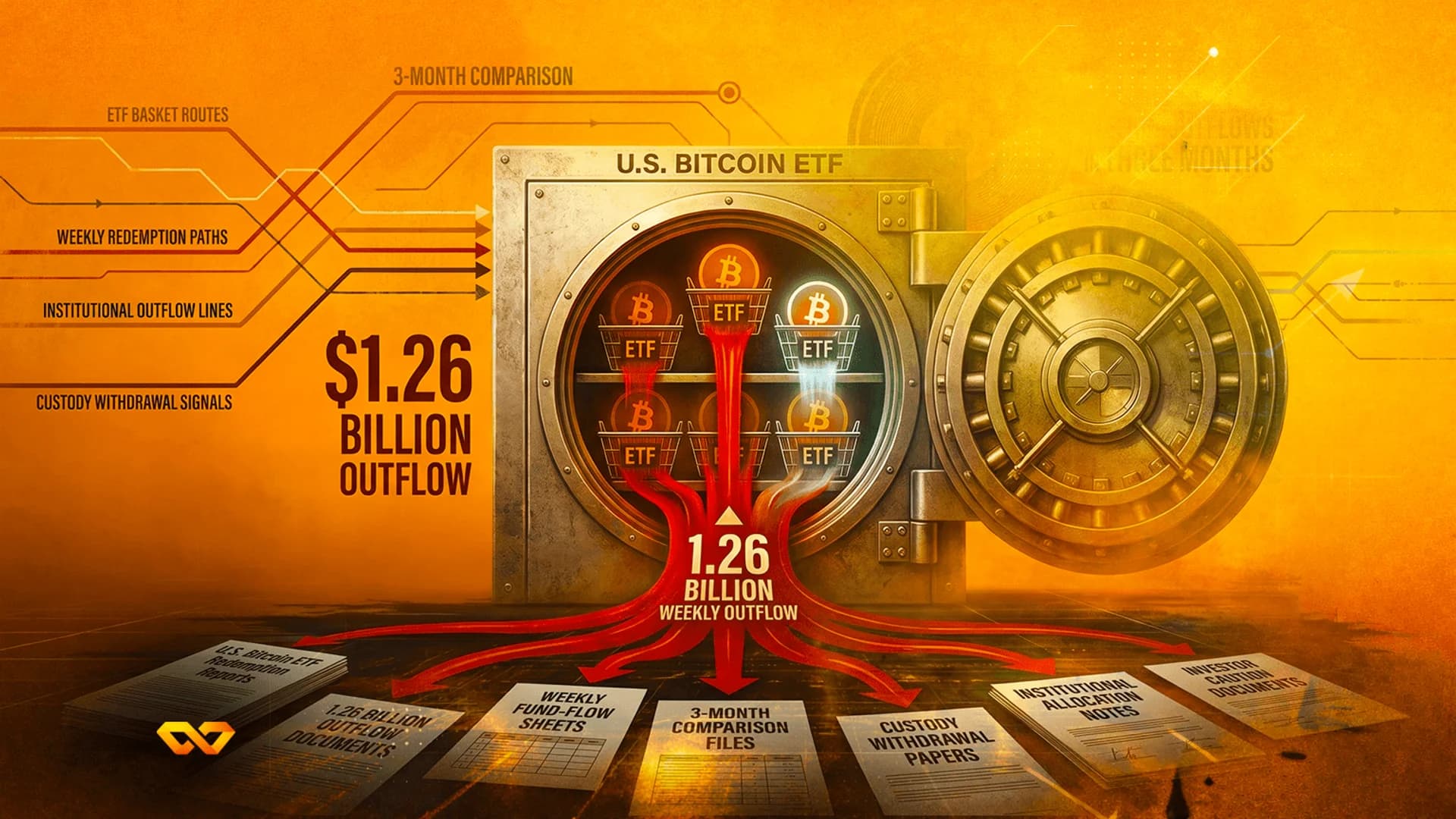 Illustration of a safe labeled U.S. Bitcoin ETF with red liquid flowing out onto financial documents.