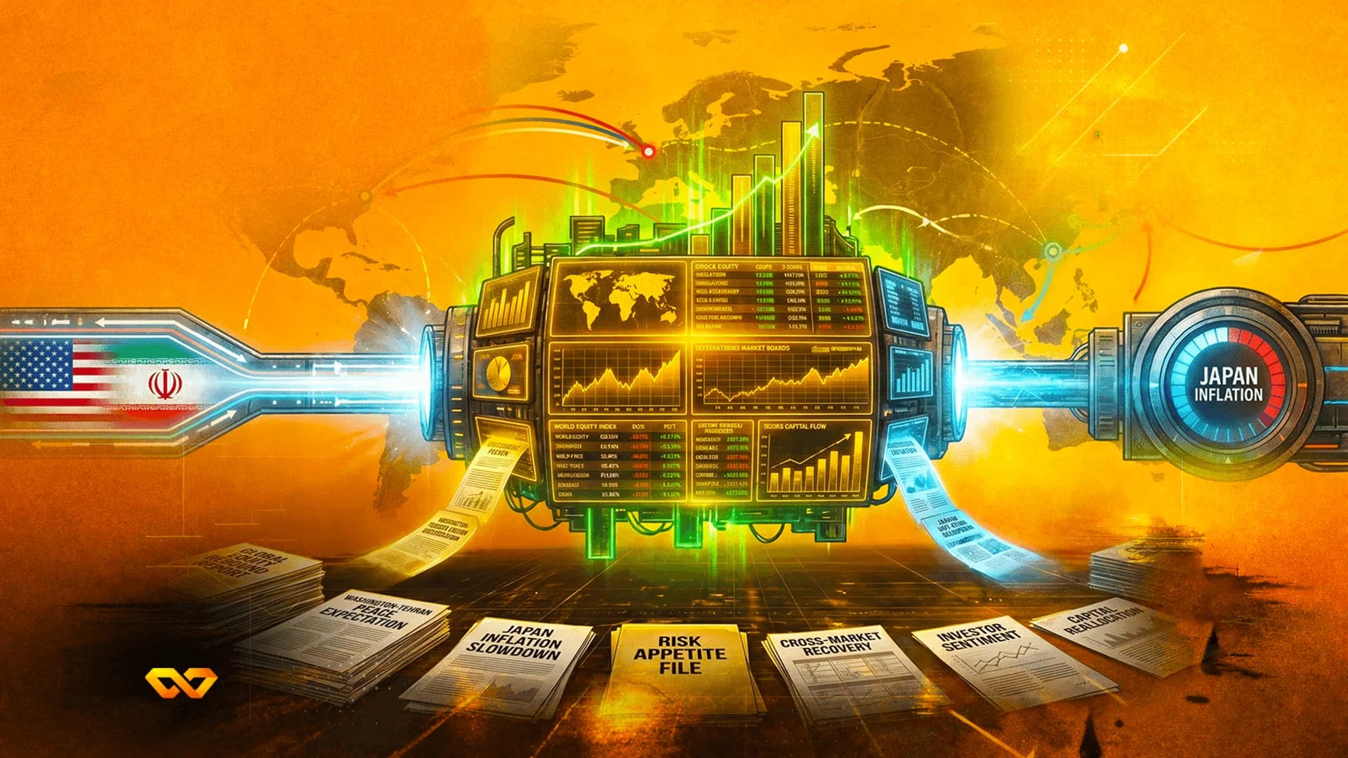Digital illustration of a financial console with US and Iran flags, Japan inflation gauge, and market reports.