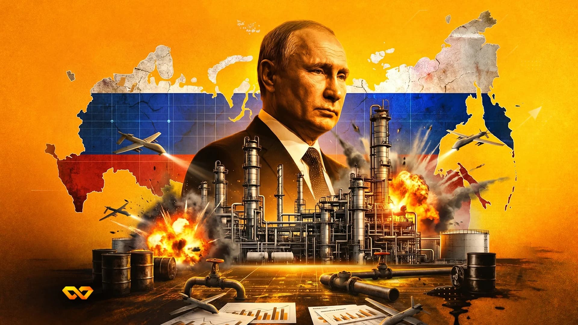 Portrait of Vladimir Putin over a map of Russia, an oil refinery with explosions, drones, and oil barrels.