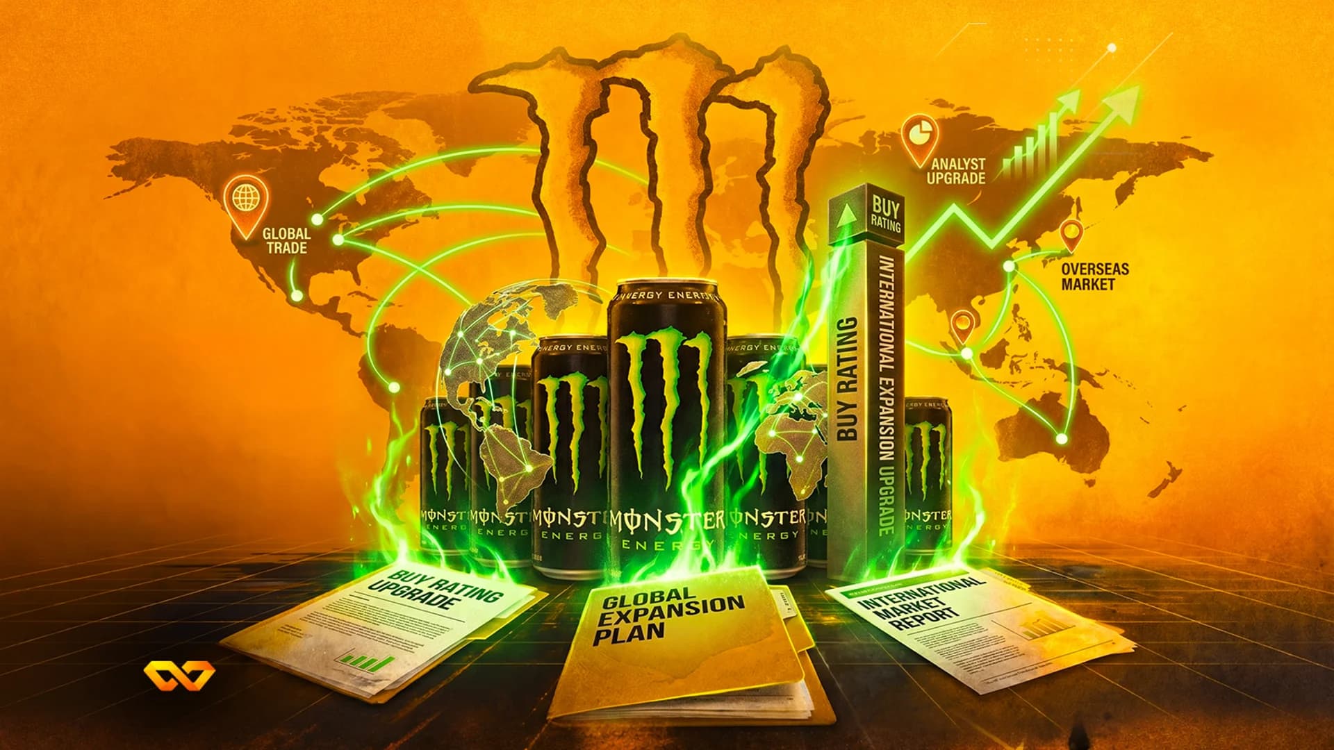 Monster Energy cans and logo on an orange world map with green growth charts and financial documents.