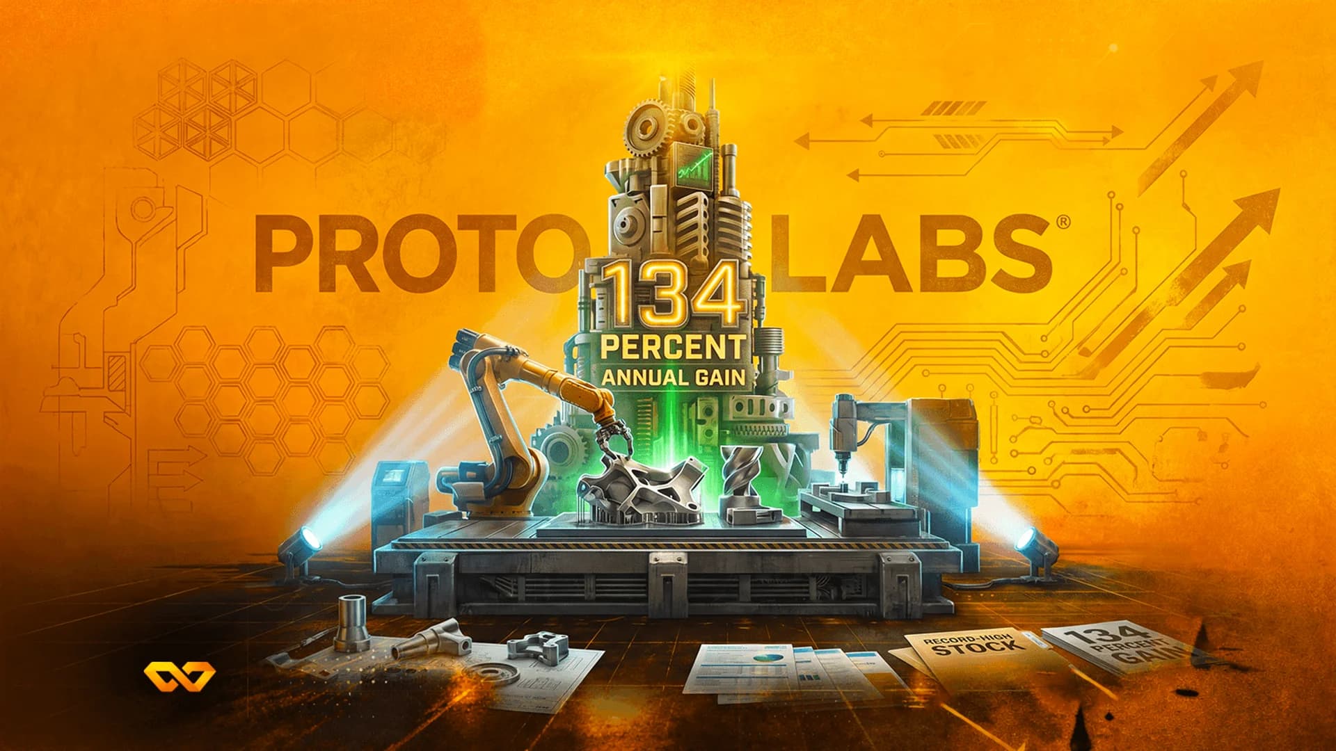 Industrial machinery and a robotic arm under spotlights with Proto Labs logo and 134 percent annual gain text.
