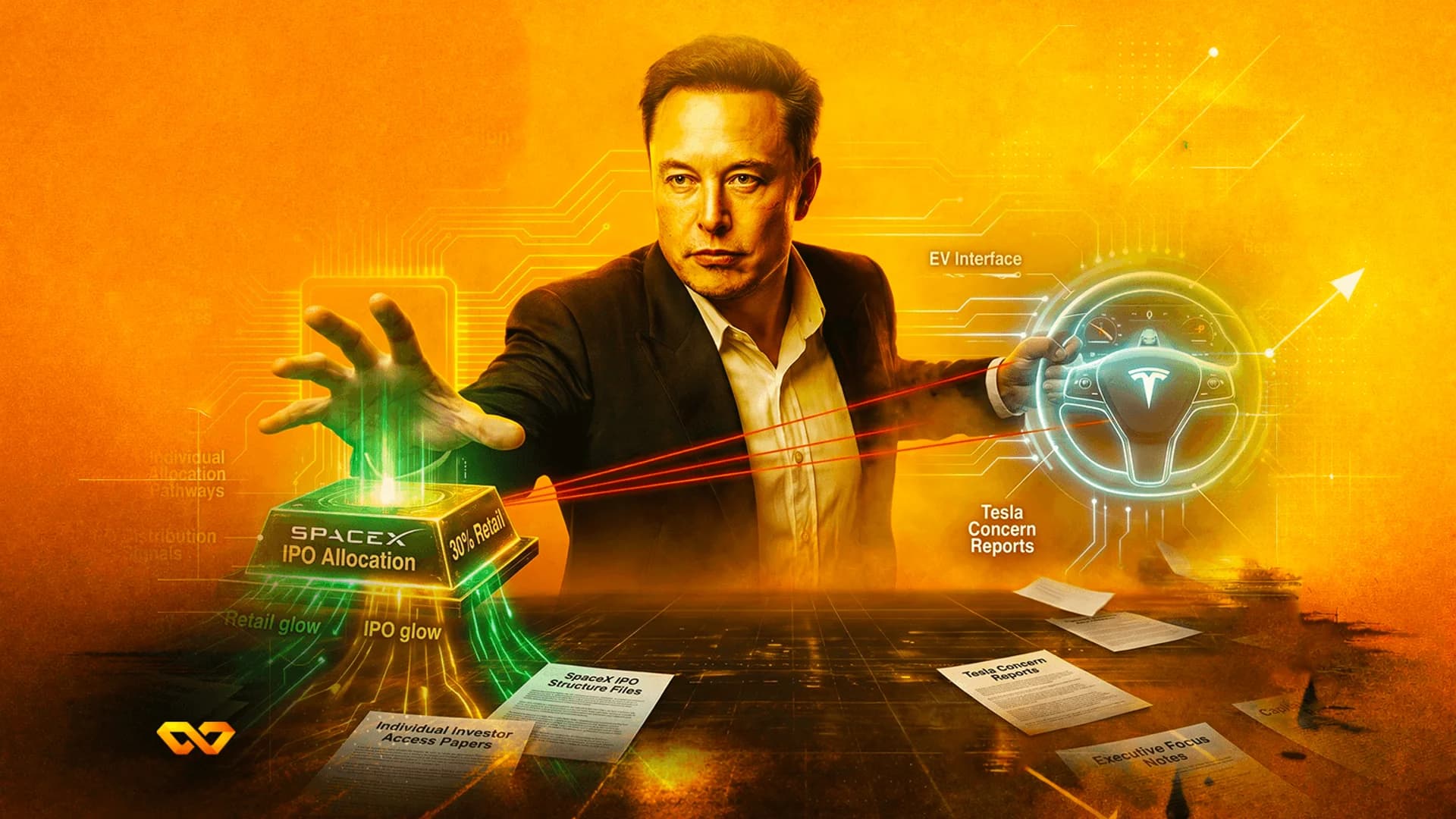 Digital illustration of Elon Musk with a glowing SpaceX IPO block and a holographic Tesla steering wheel.