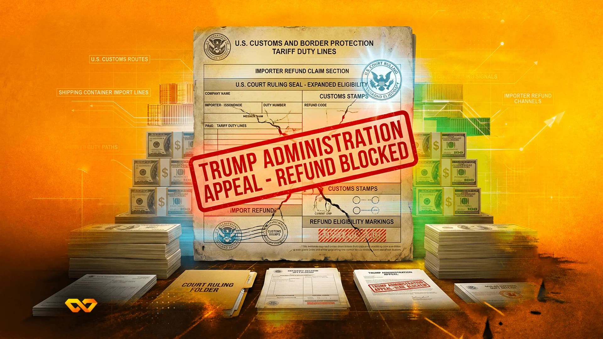 A document with a red stamp reading 'TRUMP ADMINISTRATION APPEAL - REFUND BLOCKED' surrounded by stacks of cash.