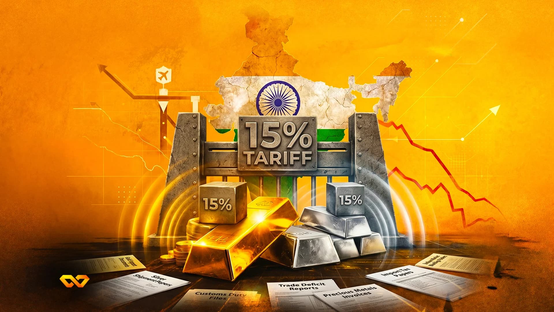 Illustration of gold and silver bars behind a gate with a 15% tariff sign and a map of India.